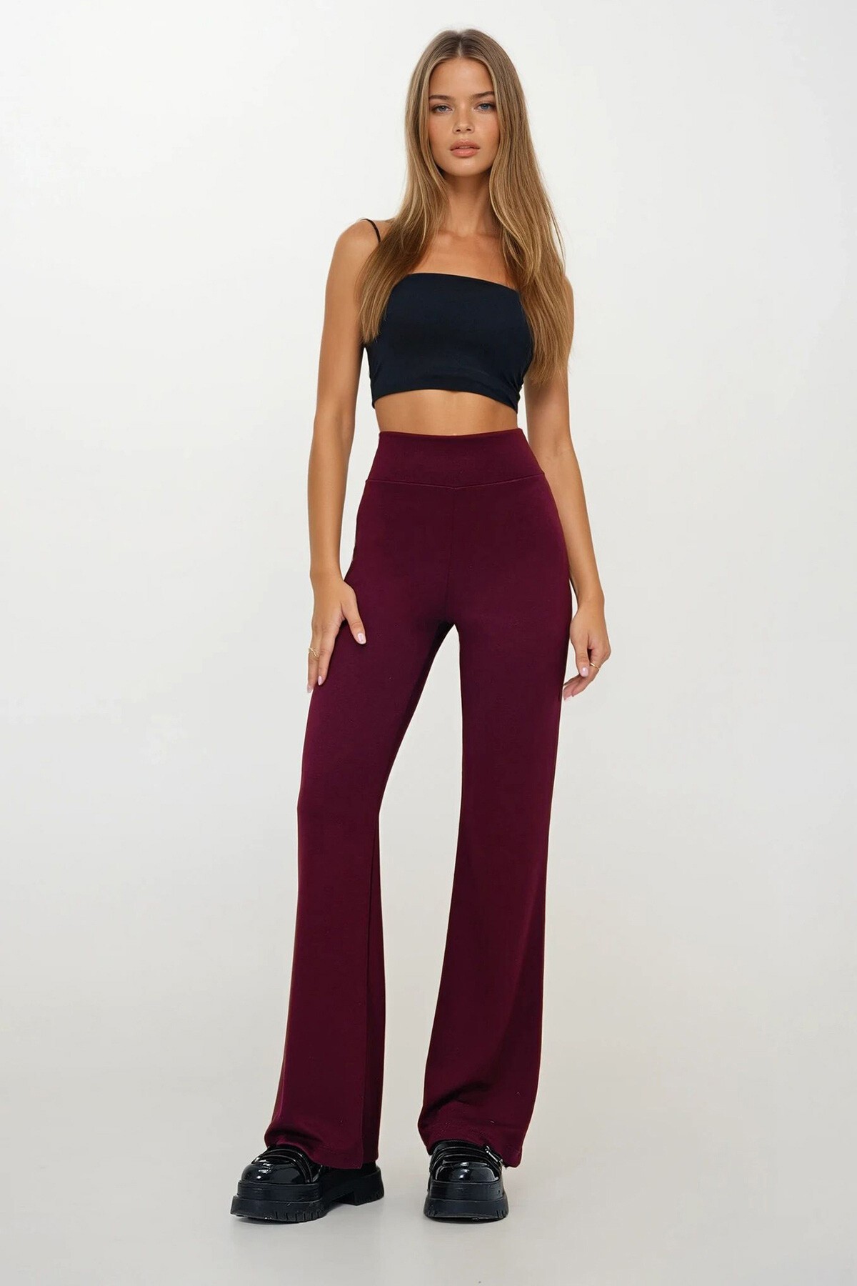 Bordo Geniş Kemerli Modal Kumaş İspanyol Paça Tayt Pantolon