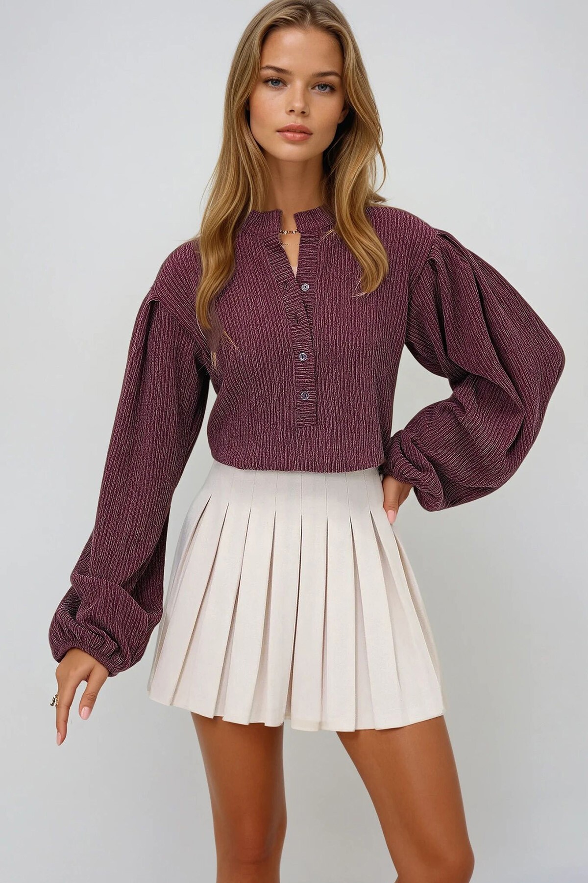 Bordo Hakim Yaka Önü Düğmeli Balon Kol Dokulu Bürümcük Gömlek Bluz