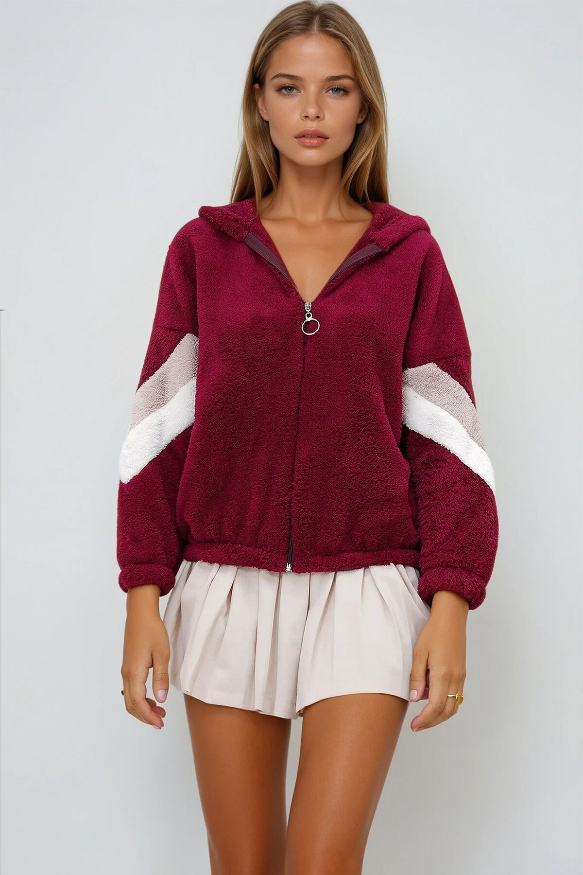 Bordo Kapüşonlu Fermuarlı Kolları Renk Bloklu Oversize Peluş Sweatshirt