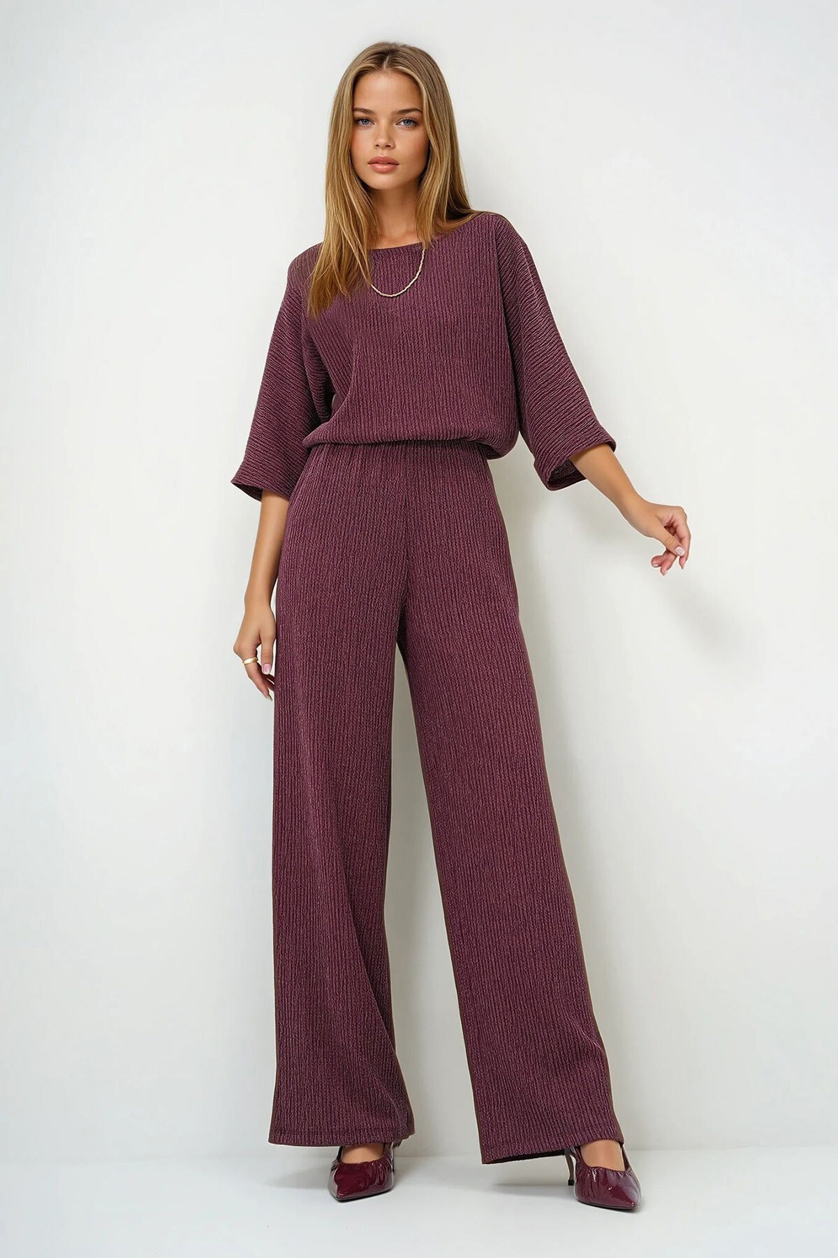 Bordo Kayık Yaka Yarasa Kol Salaş Bluz Ve Palazzo Pantolon Bürümcük Takım