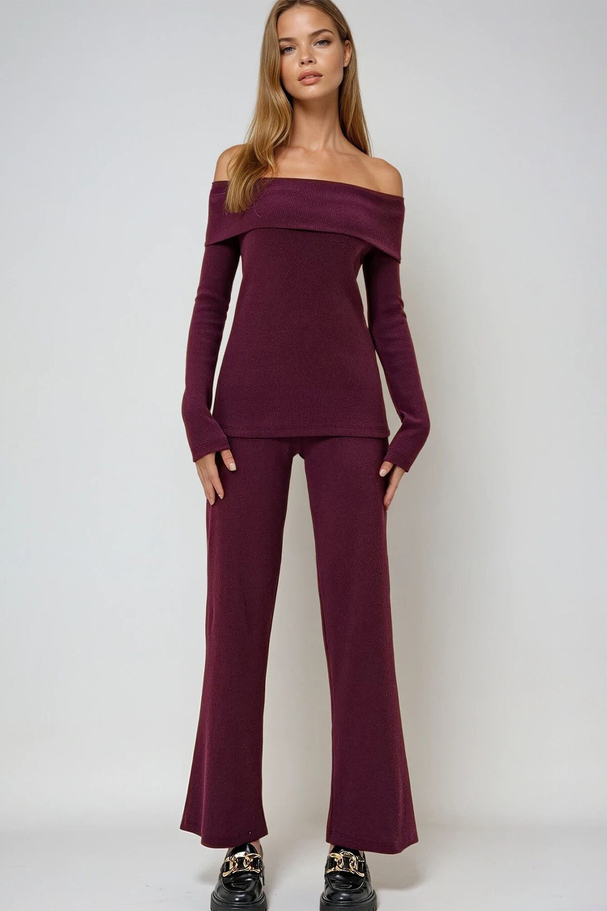 Bordo Madonna Yaka Kaşkorse Bluz Ve Pantolon Takım