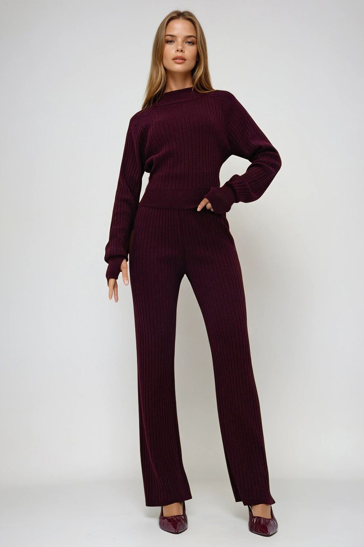 Bordo Parmak Detaylı Triko Alt Üst Takım