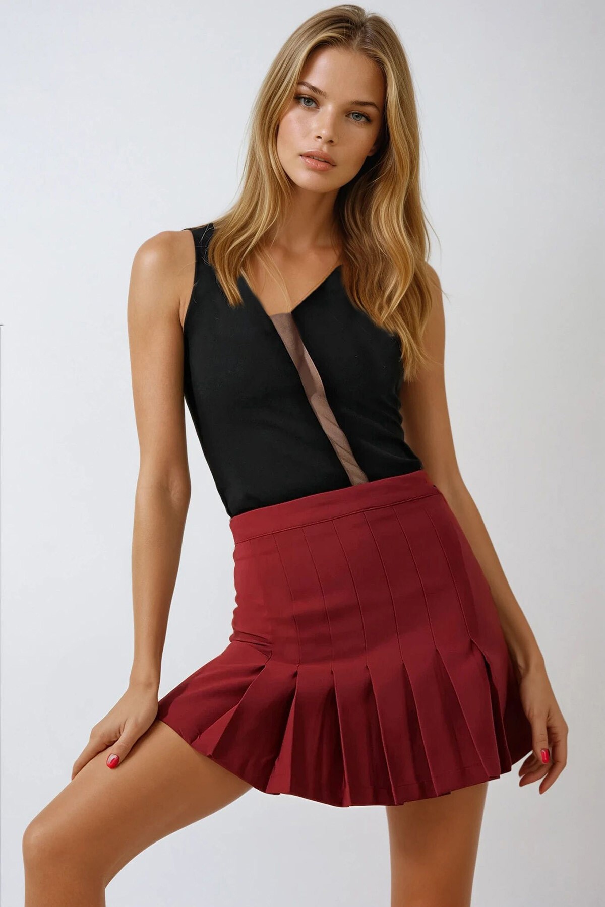 Bordo Piliseli Fermuarlı Etek