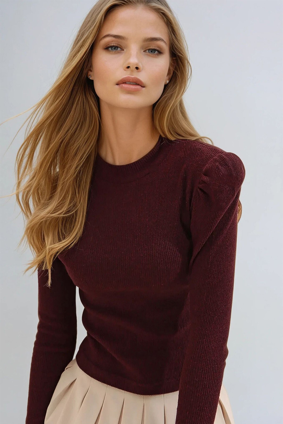 Bordo Prenses Kol Yarım Balıkçı Kaşkorse Bluz