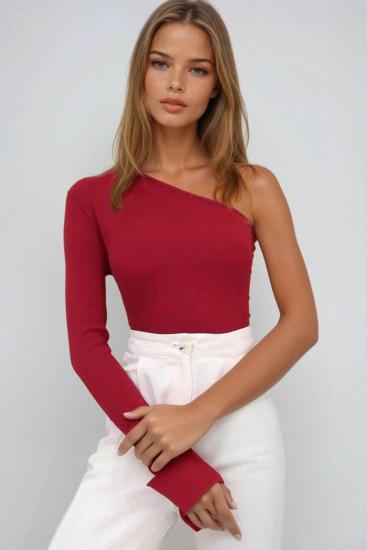 Bordo Tek Omuzu Açık Fitilli Örme Bluz