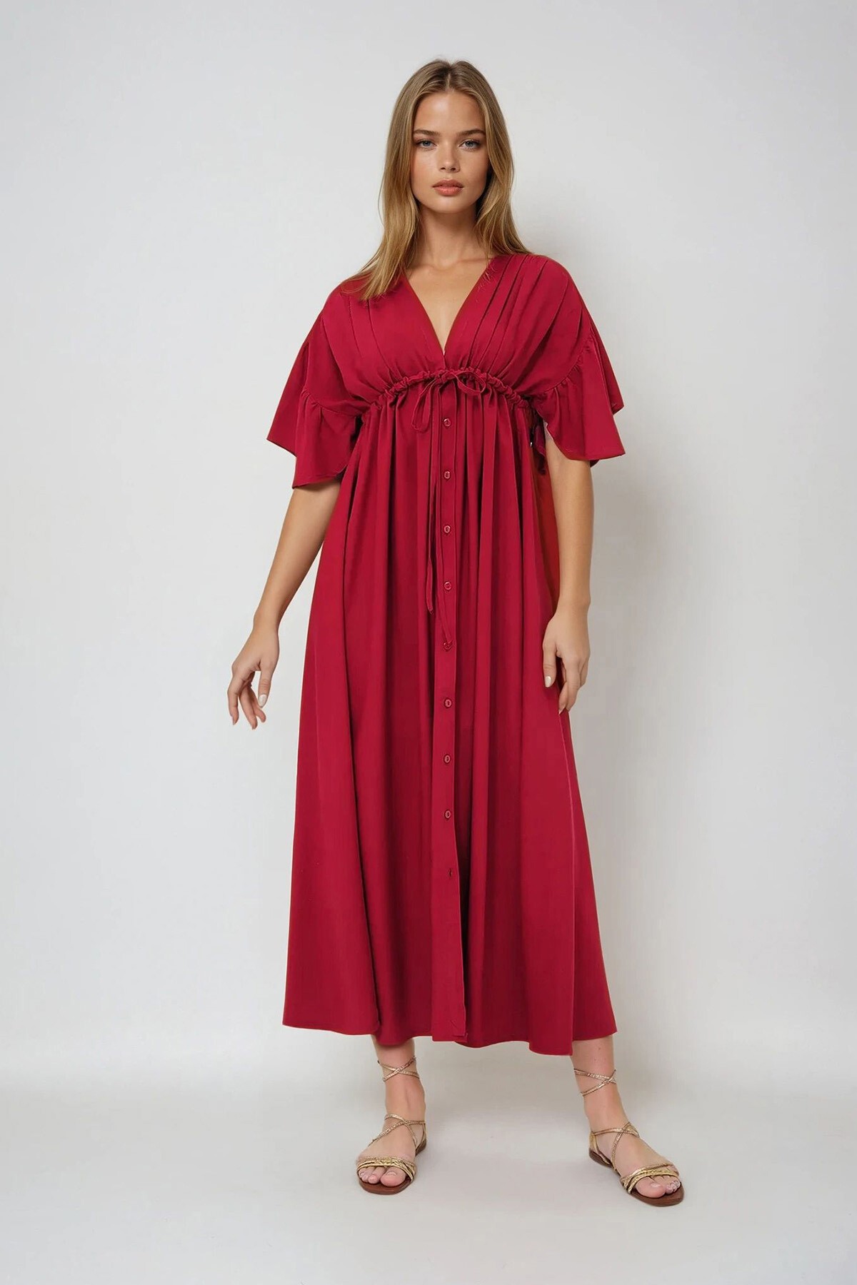 Bordo V Yaka Sırt Dekolteli Bağlama Detaylı Önü Düğmeli Yazlık Poplin Elbise
