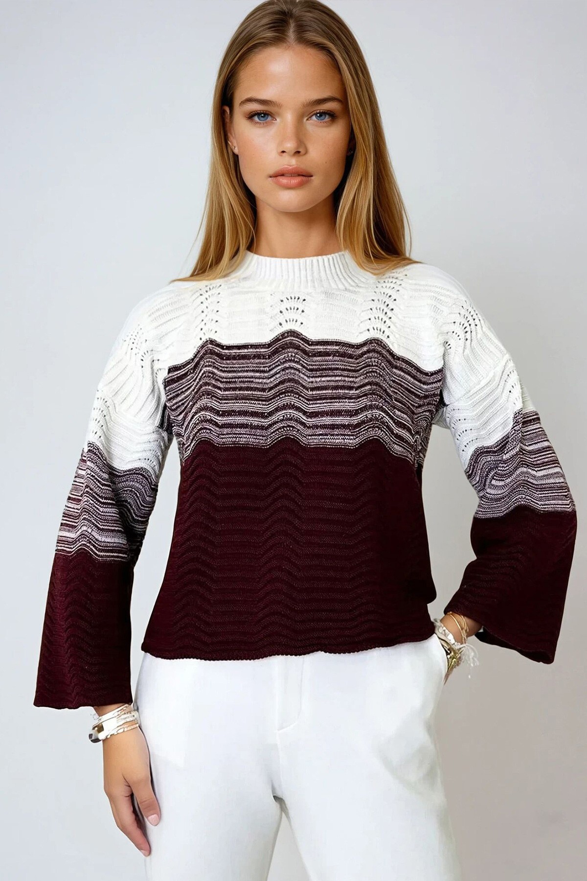 Bordo Yarım Balıkçı Ajurlu Ve Bloklu Triko Kazak