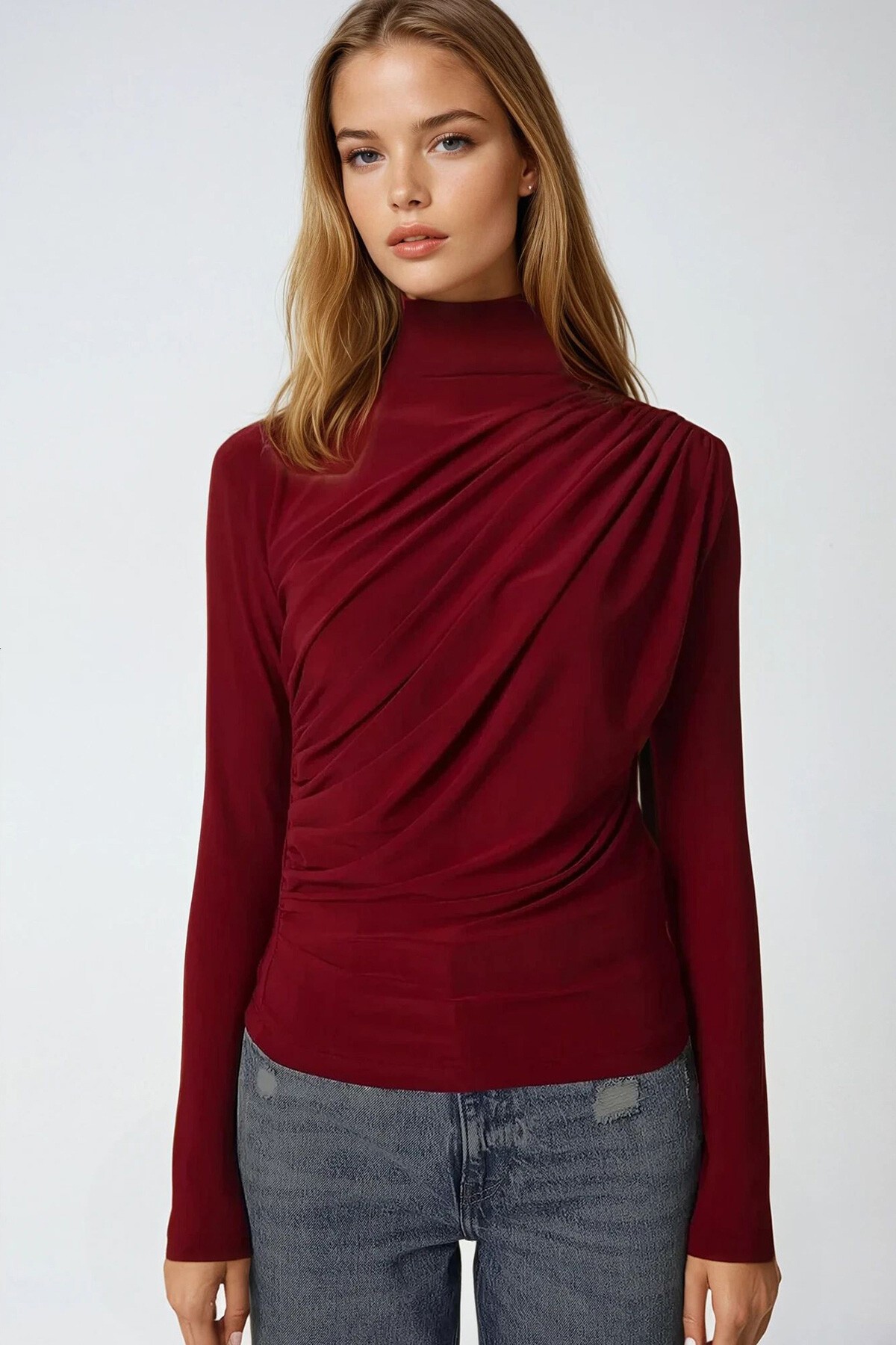 Bordo Yarım Balıkçı Drape Detaylı Sandy Bluz