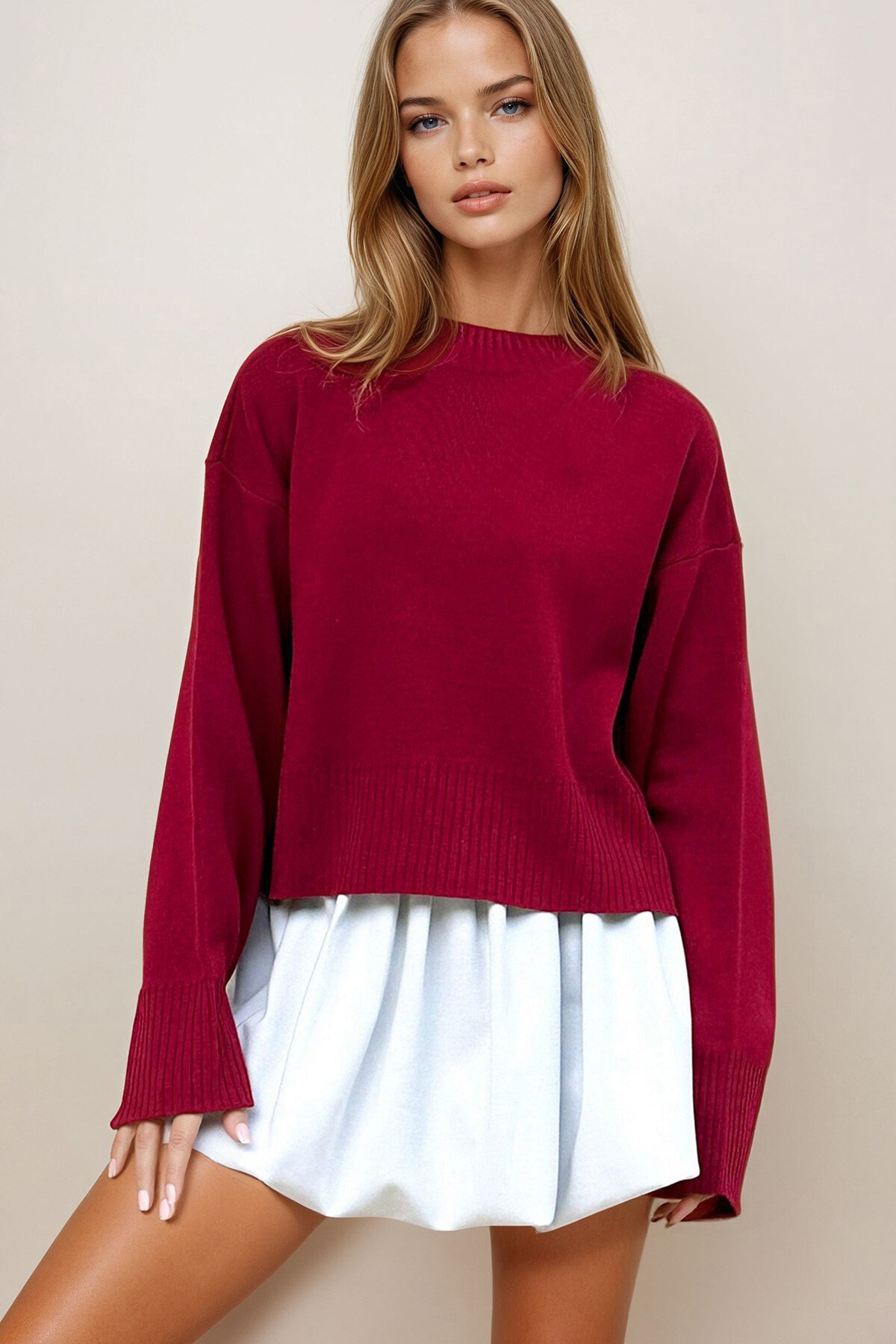 Bordo Yarım Balıkçı Geniş Manşetli Triko Kazak