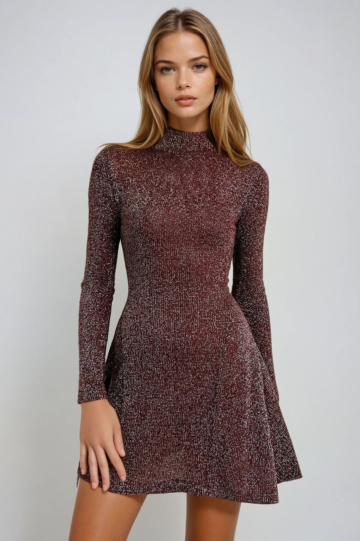 Bordo Yarım Balıkçı Yaka Simli Örme Midi Boy Kloş Elbise