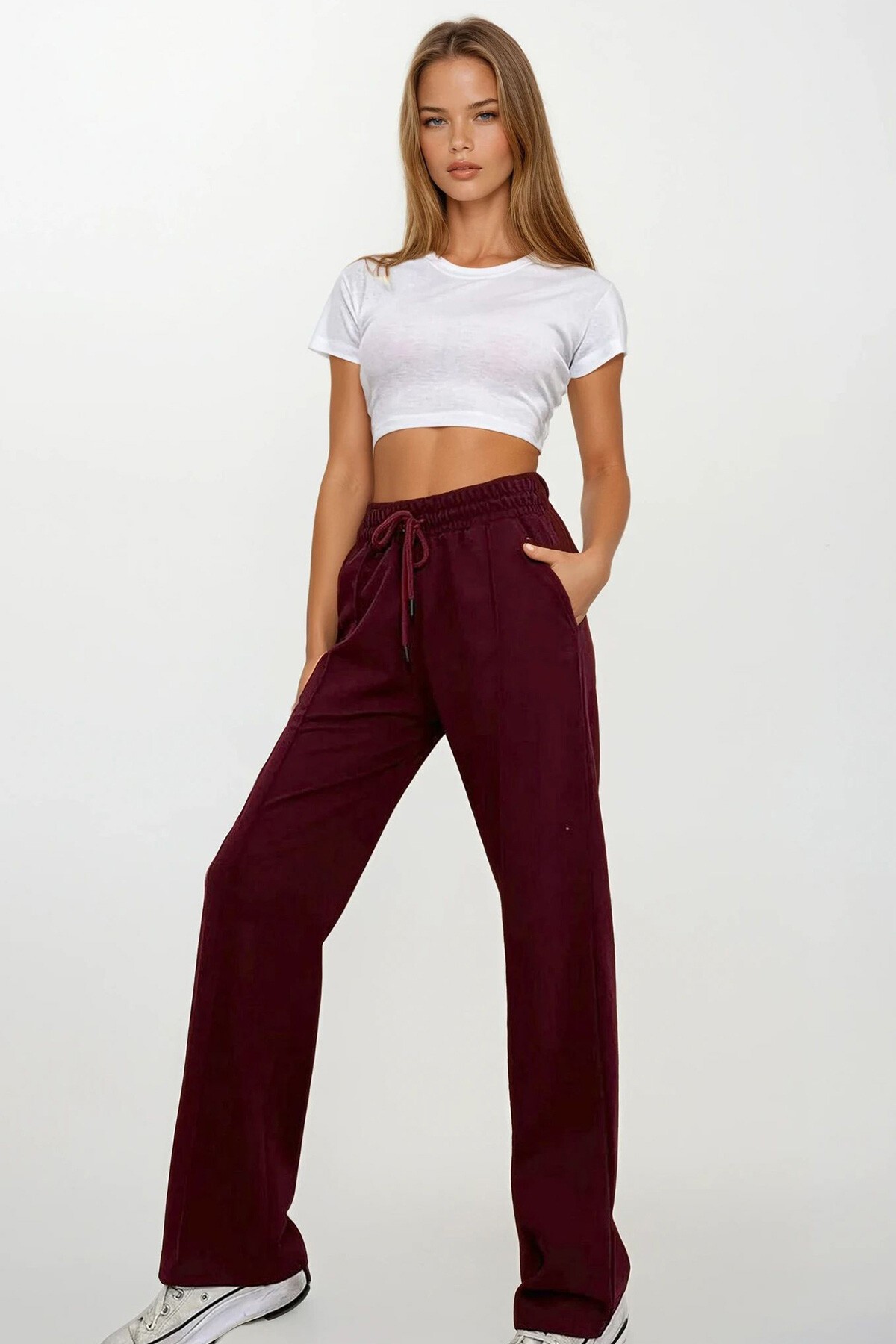 Bordo Yüksek Bel Önü Çimalı Bol Paça Çift Cepli Eşofman Altı