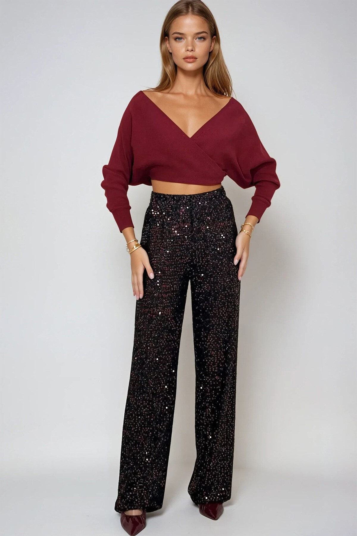 Bordo Yüksek Bel Pul Payet Palazzo Pantolon
