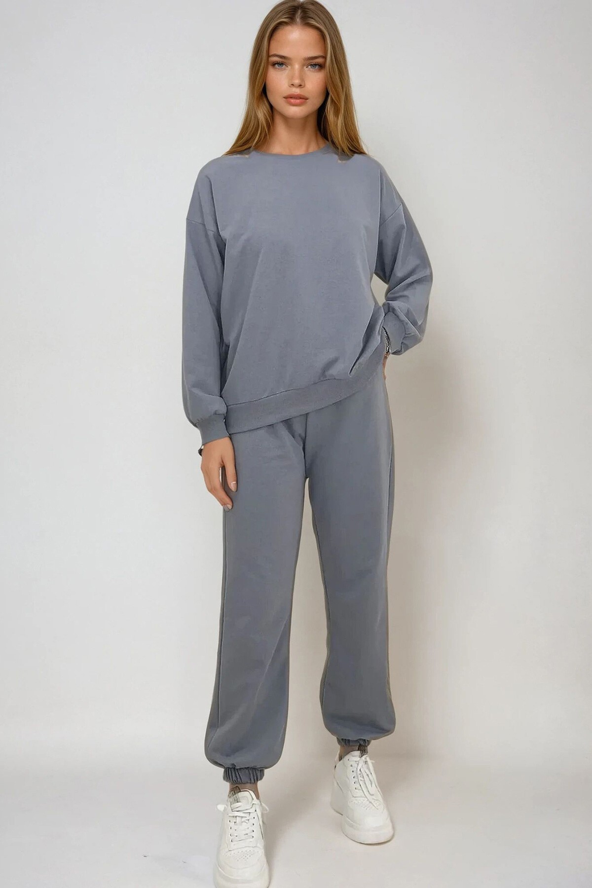 Boyalı Gri Bisiklet Yaka Beli Ve Paçası Lastikli İki İplik Basic Eşofman Takımı
