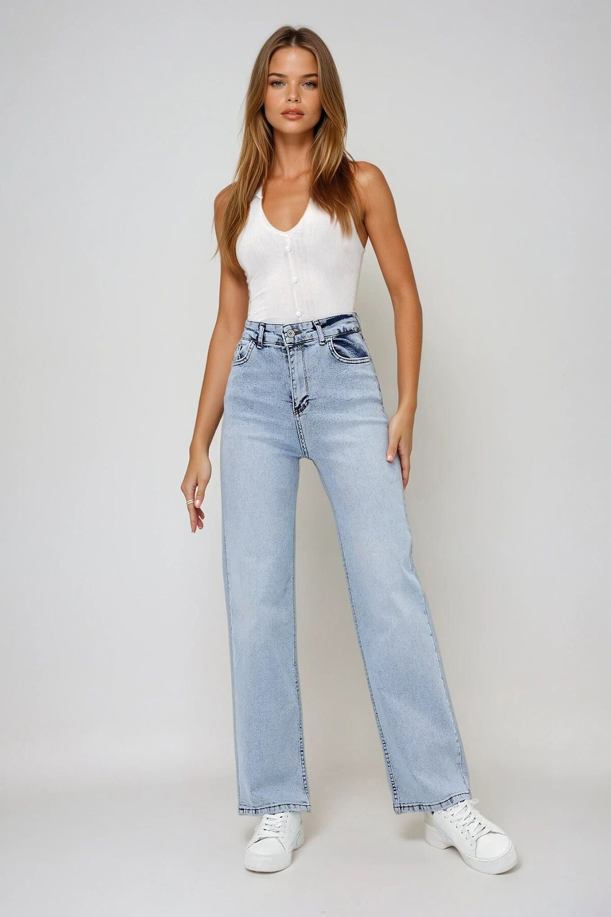 Buz Mavi Yüksek Bel Yıkamalı Wide Leg Jean Pantolon