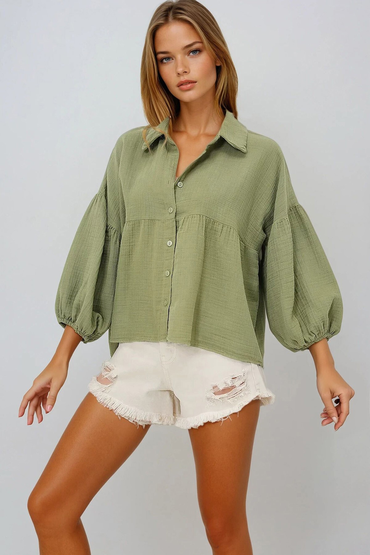 Çağla Yeşili Balon Kol Lastikli Eteği Volanlı Keten Gömlek