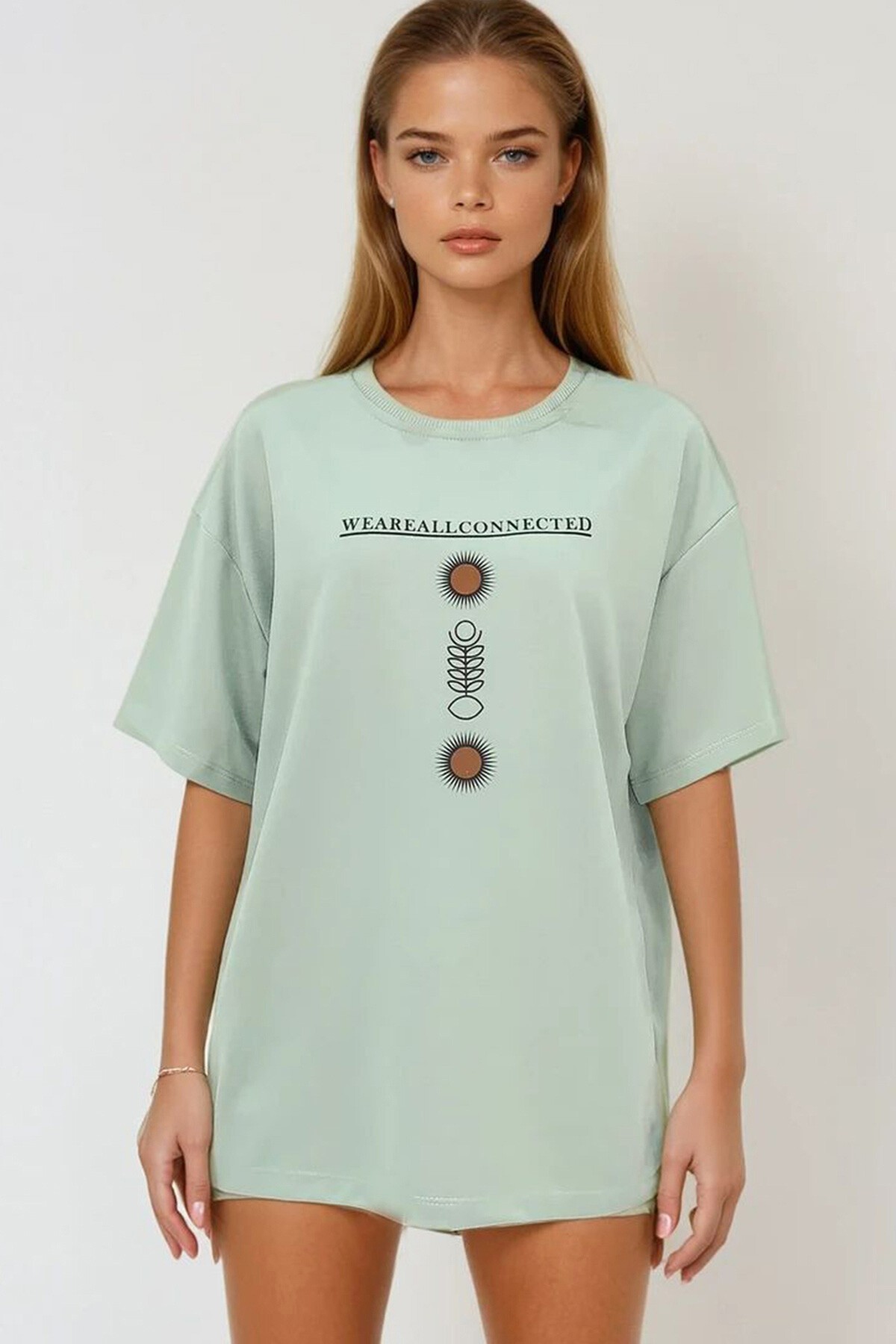 Çağla Yeşili Bisiklet Yaka Baskılı Oversize Unisex T Shirt