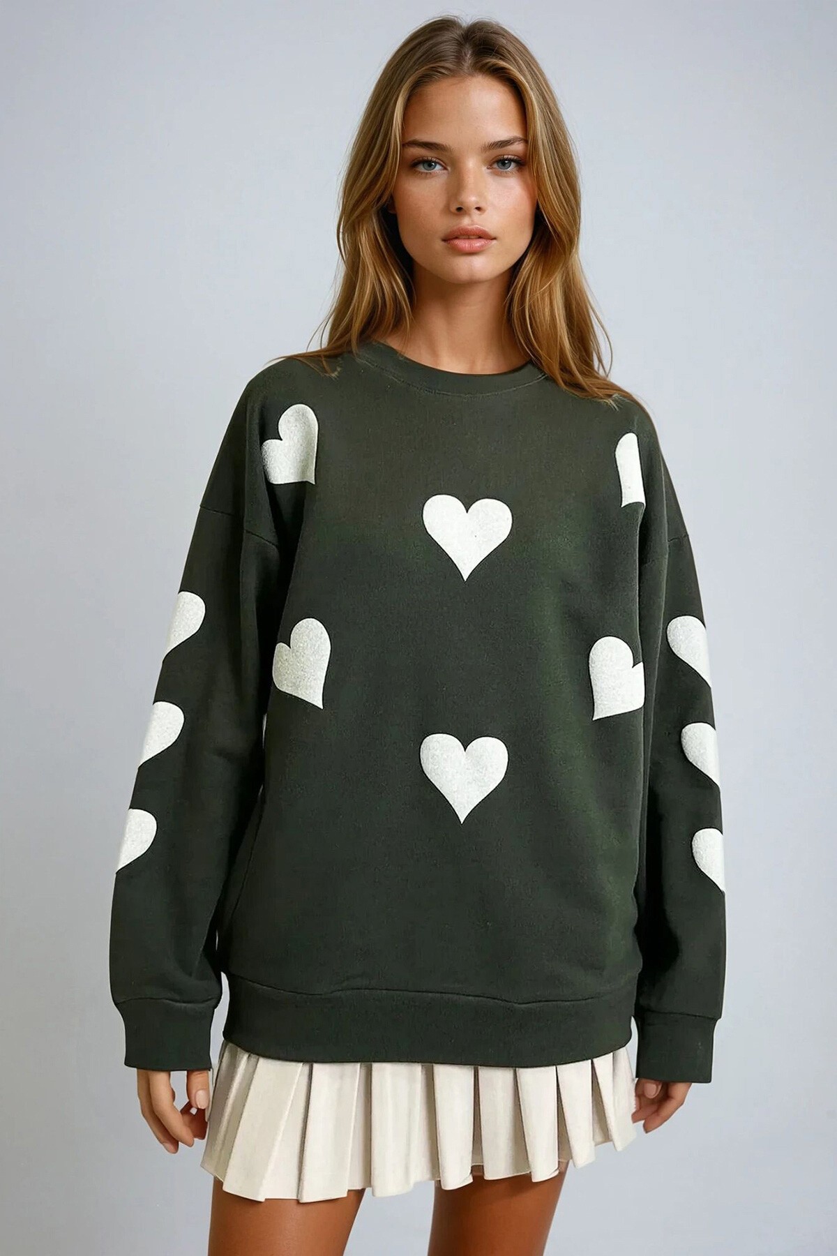 Ceviz Yeşili Bisiklet Yaka Kalp Baskılı 2 İplik Oversize Sweatshırt