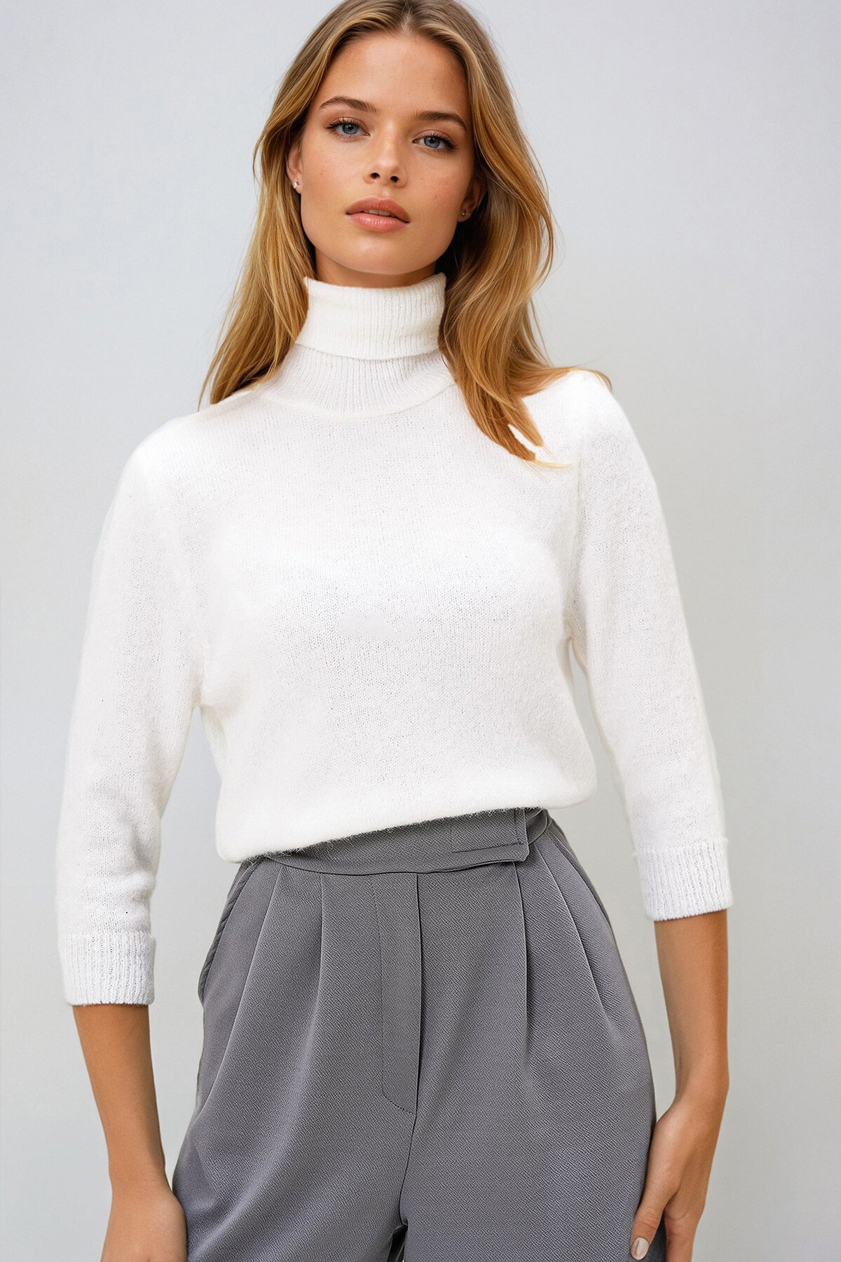 Ekru Balıkçı Yaka Tüylü Kazak