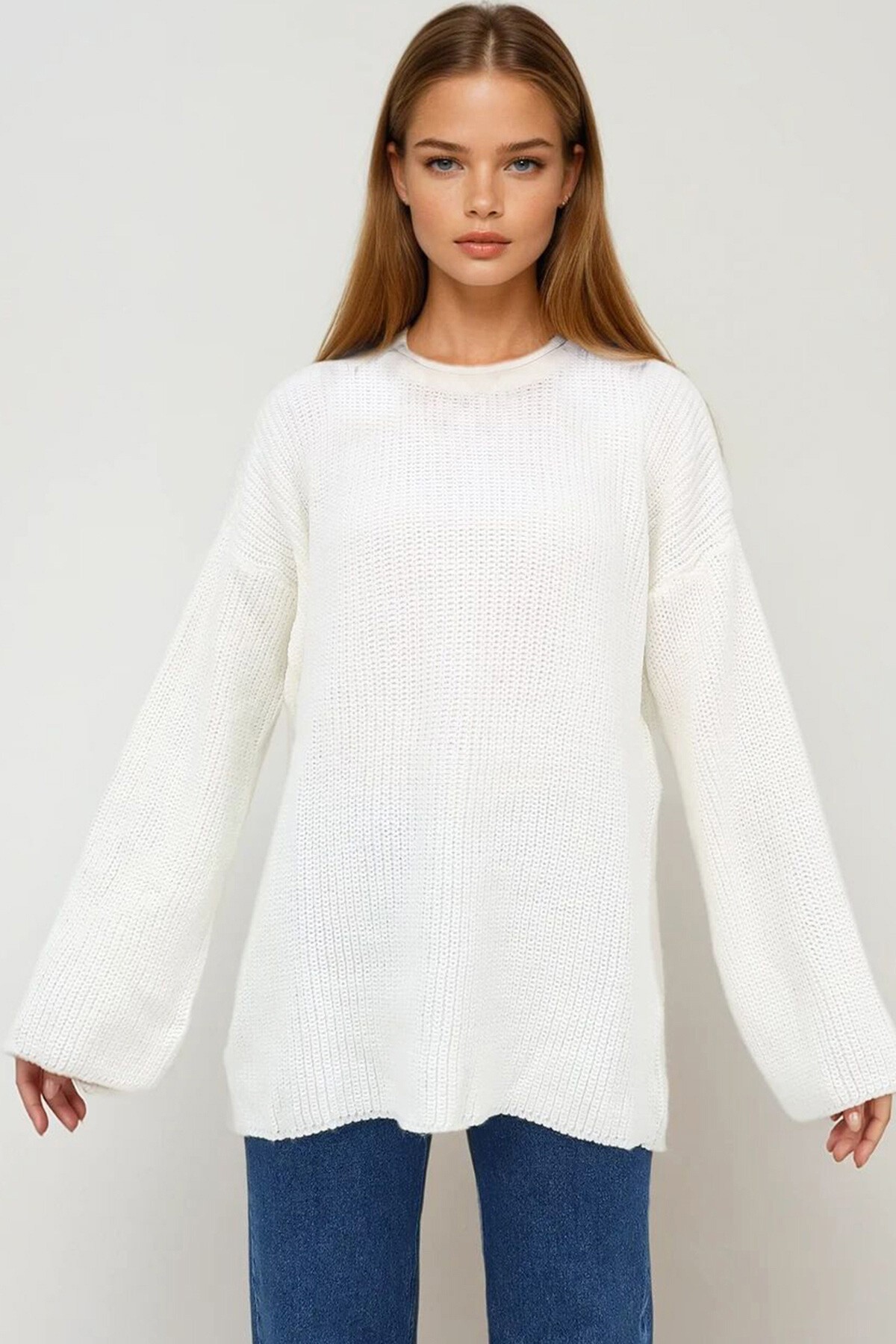 Ekru Bisiklet Yaka Duble Kol Selanik Örgü Oversize Kışlık Kazak