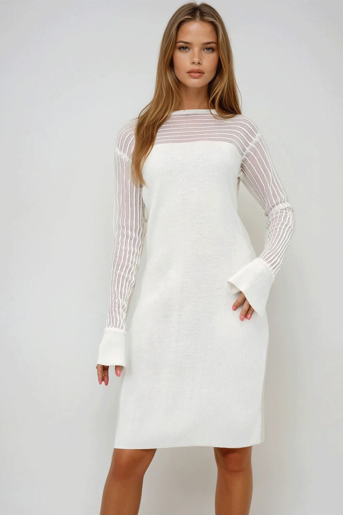 Ekru Bisiklet Yaka Omuzları Tül Detaylı Midi Boy Mevsimlik Elbise