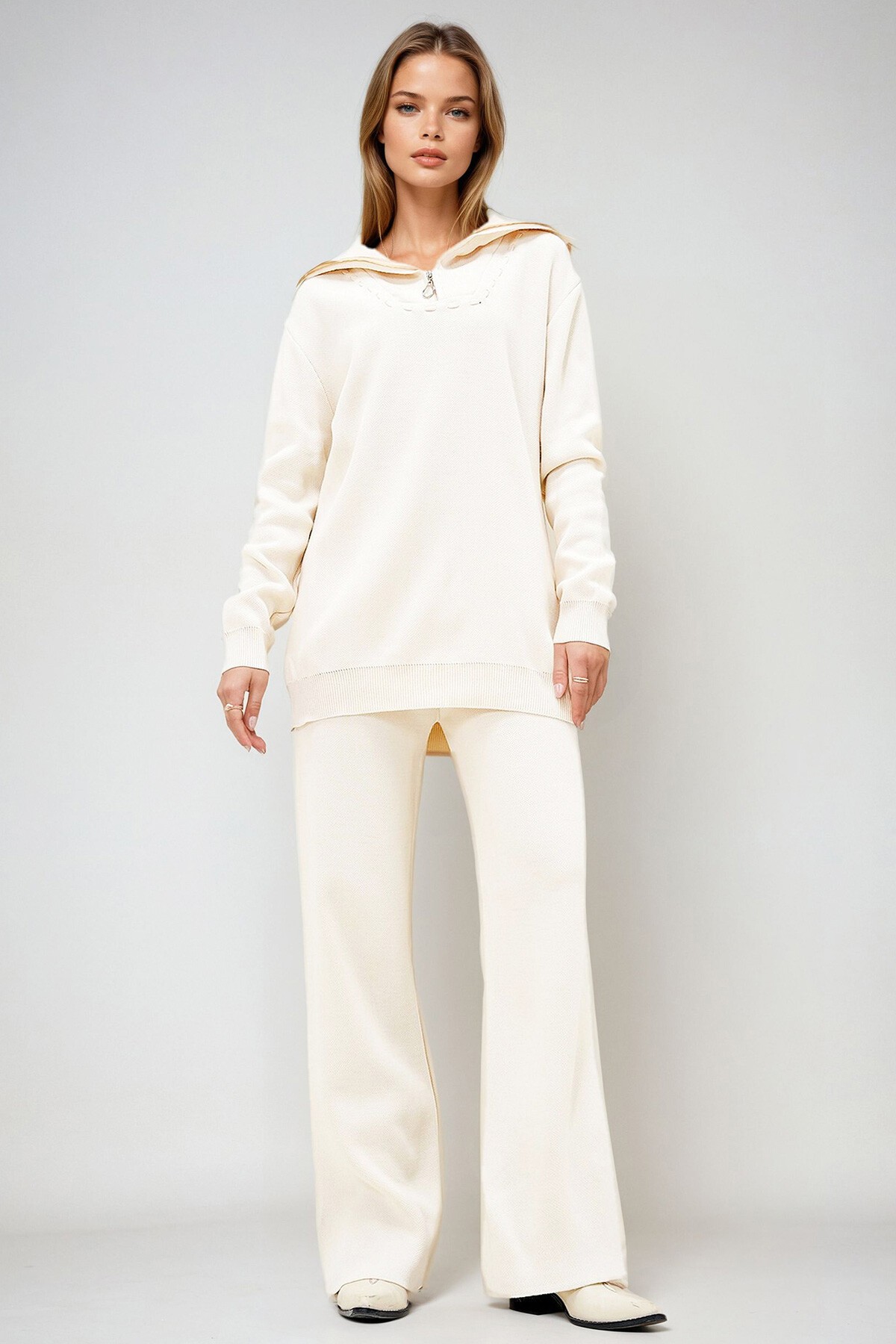 Ekru Denizci Yaka Çoban Dikişli Triko Kazak Ve Beli Lastikli Yüksek Bel Pantolon İkili Takım