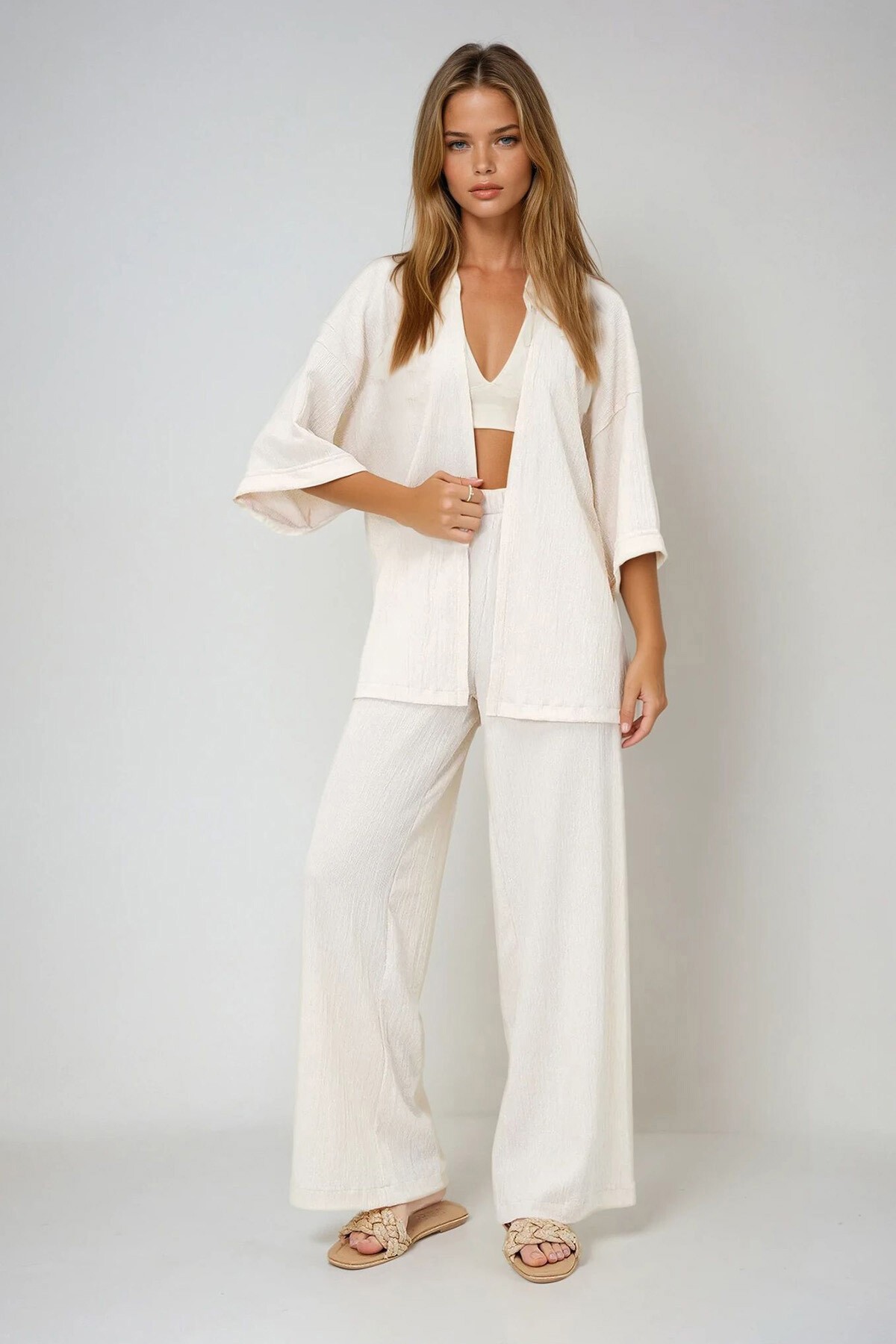 Ekru Duble Kol Bürümcük Kumaş Yazlık Kimono Ve Pantolon Takım