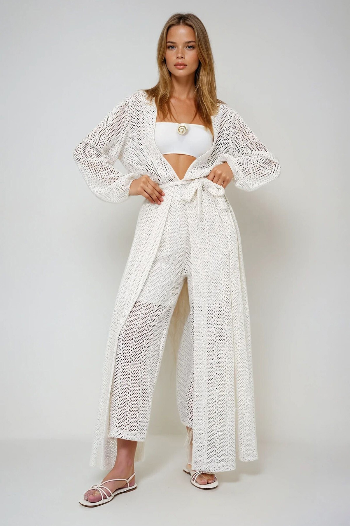 Ekru Kendinden Dokulu Ajurlu Uzun Pantolonlu Kimono Takım