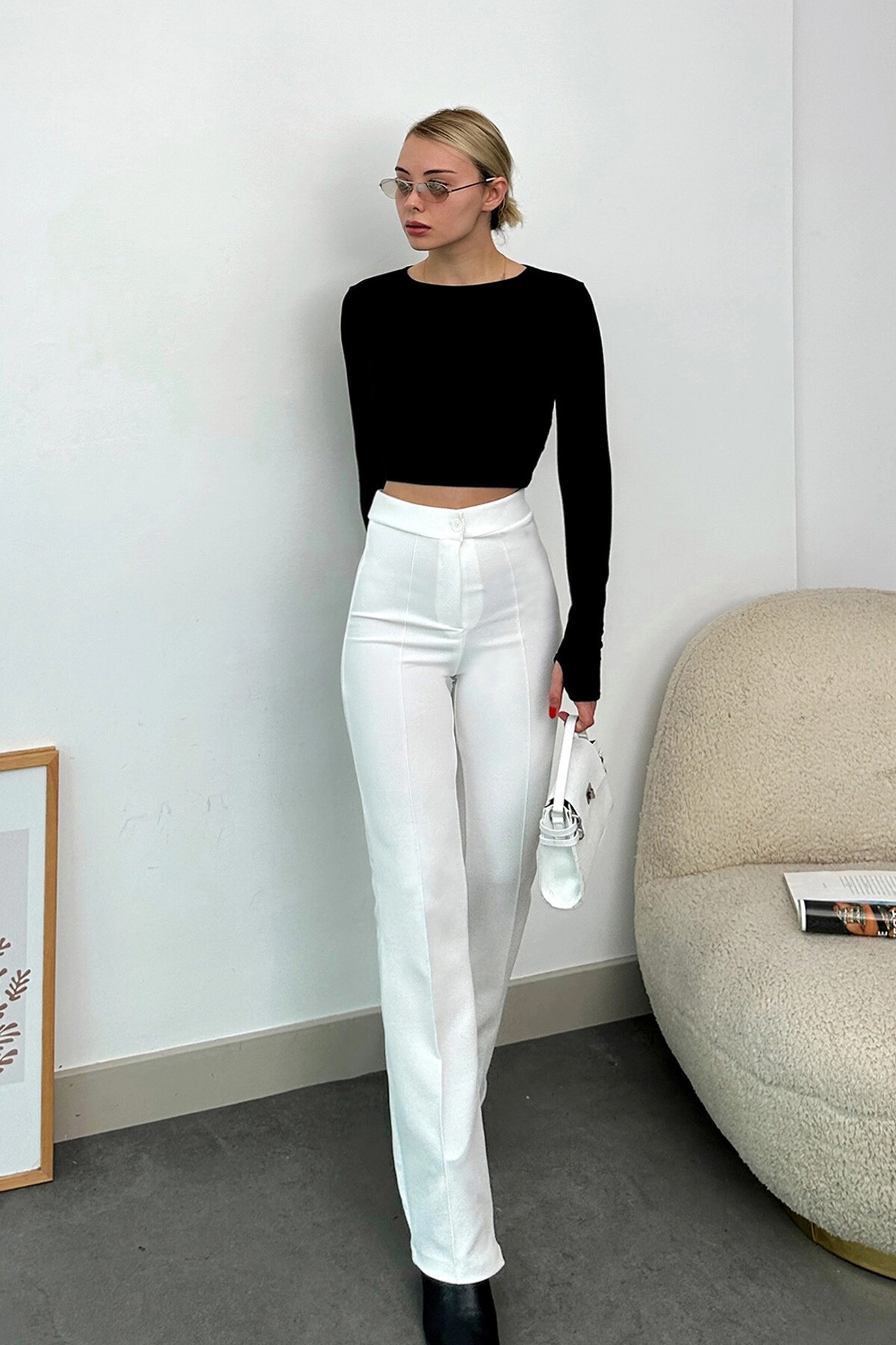 Ekru Yüksek Bel Nervür Dikişli Palazzo Pantolon