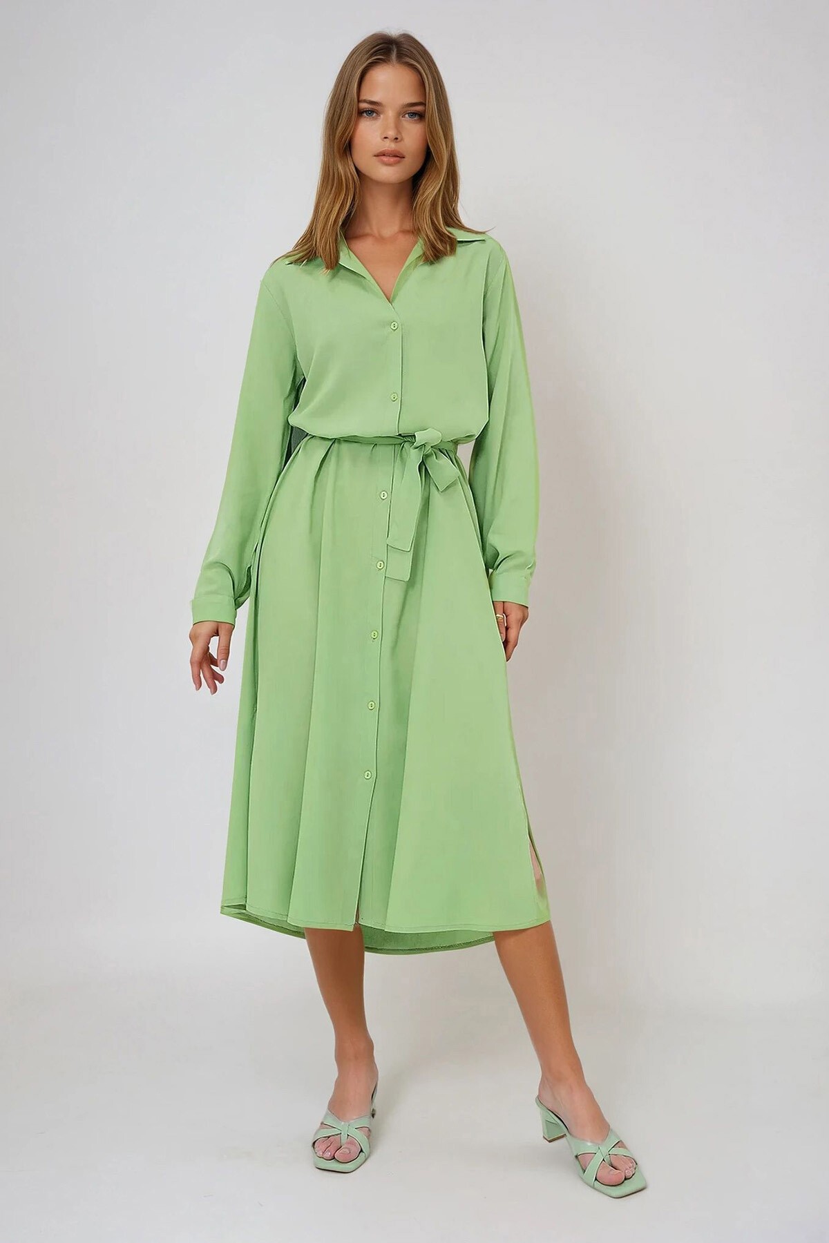Fıstık Yeşili Dokuma Viskon Gömlek Elbise