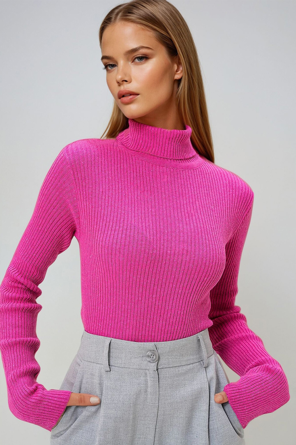 Fuşya Balıkçı Yaka Fitilli Triko Kazak