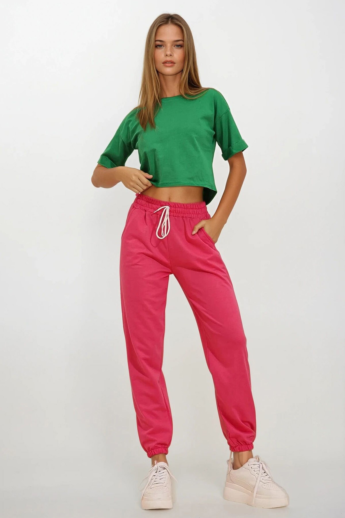 Fuşya Beli Ve Paçası Lastikli Basic Eşofman Altı