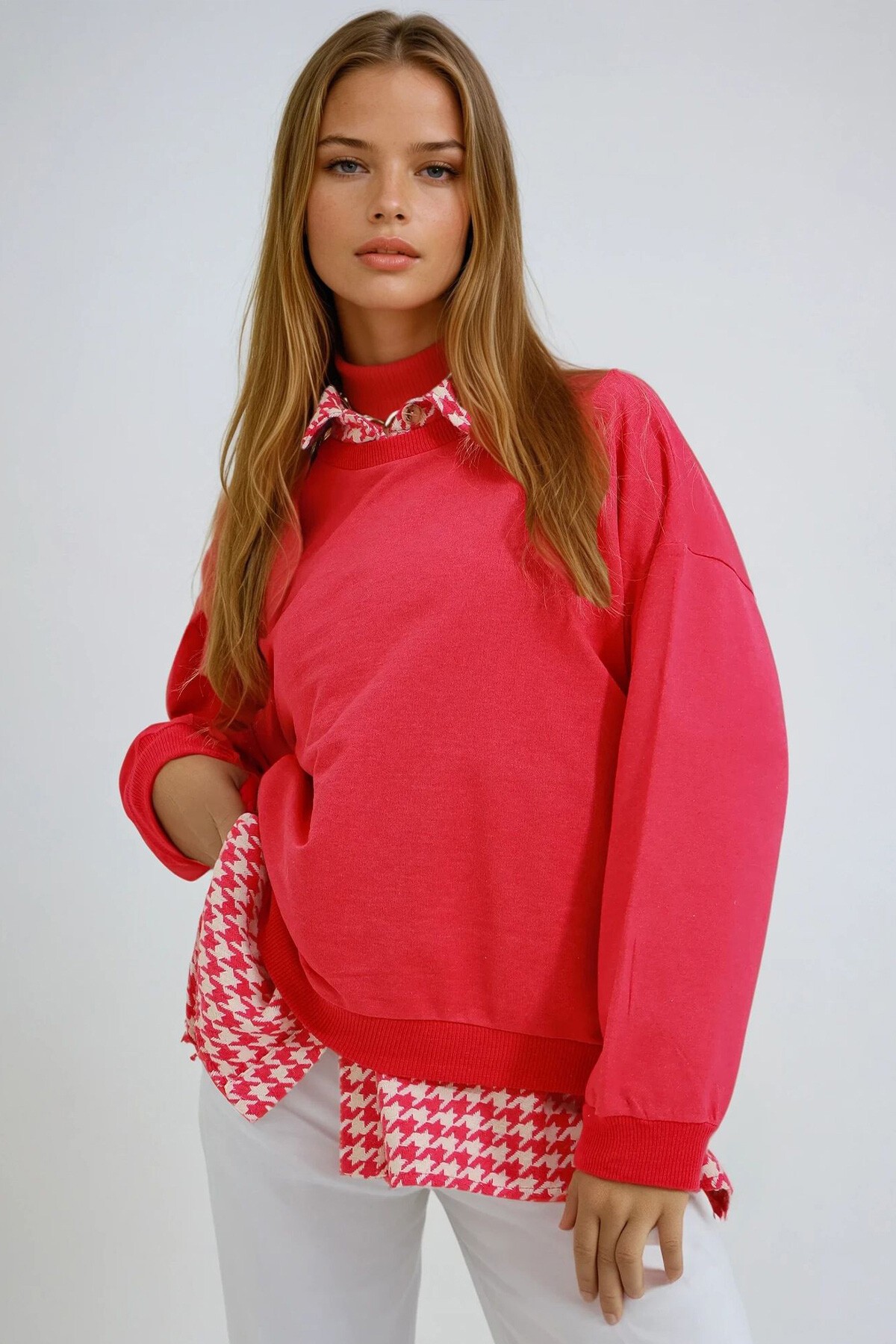 Fuşya Bisiklet Yaka Oversize Basic Sweatshirt