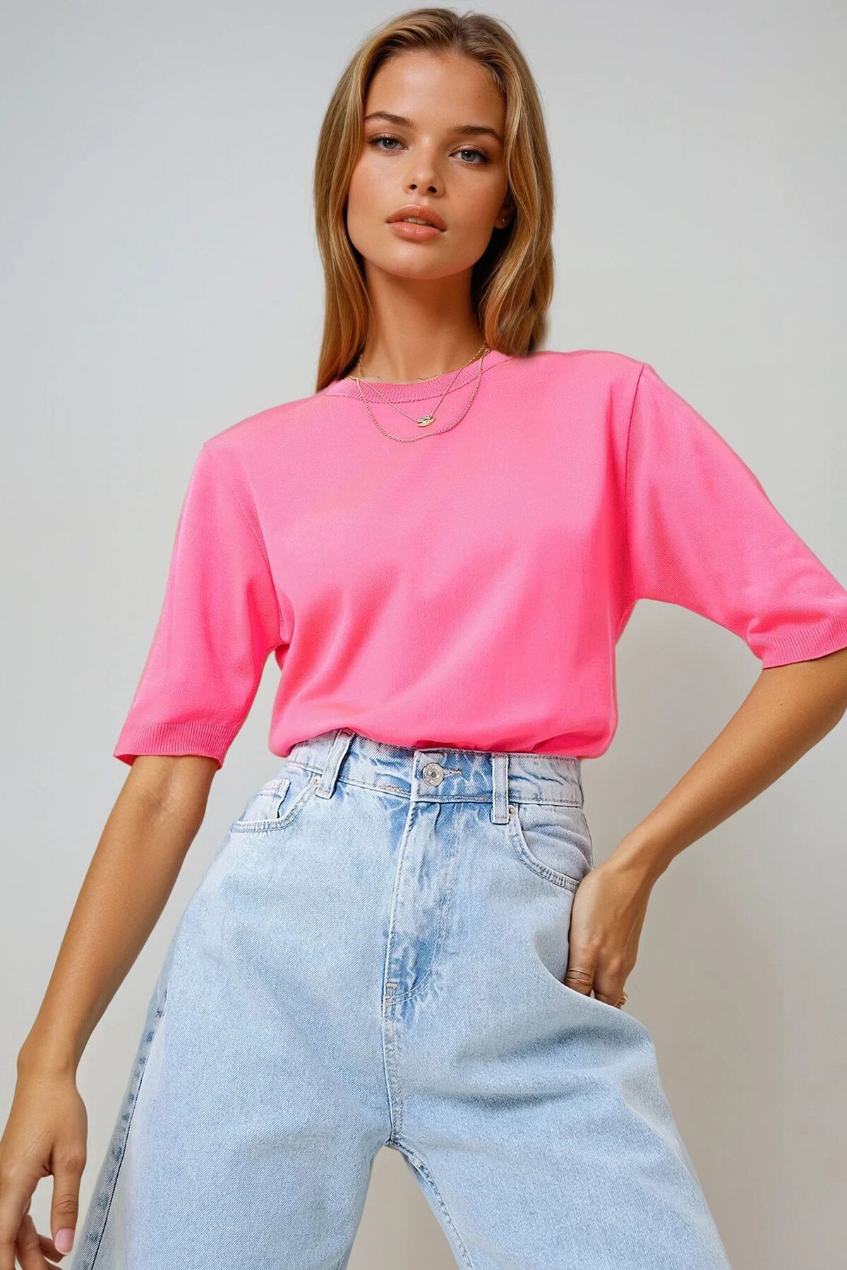 Fuşya Bisiklet Yaka Yarım Kol Triko Bluz