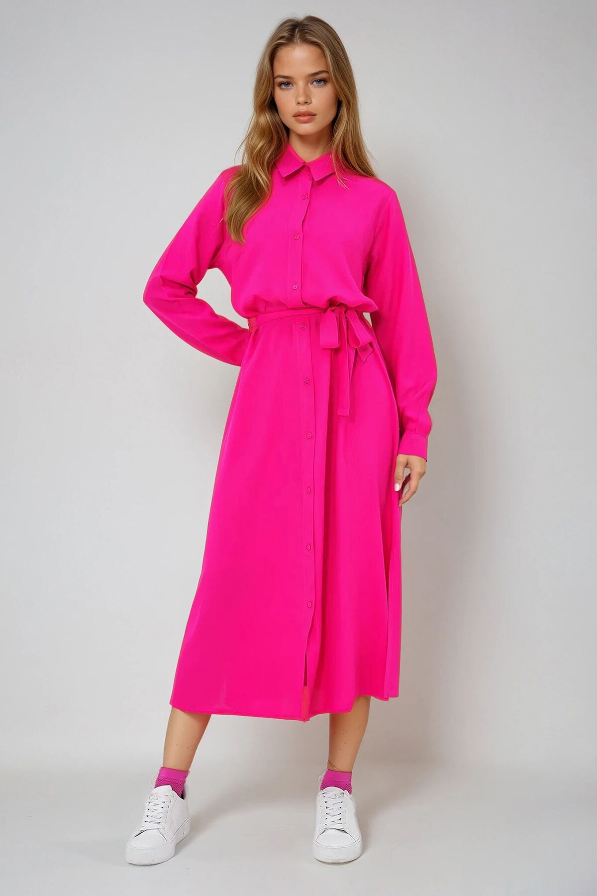 Fuşya Dokuma Viskon Gömlek Elbise