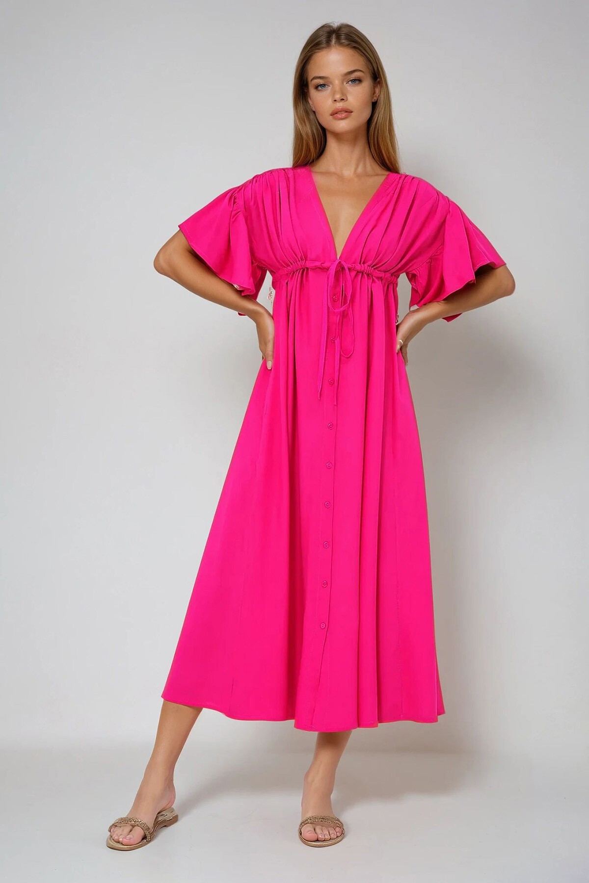 Fuşya V Yaka Sırt Dekolteli Bağlama Detaylı Önü Düğmeli Yazlık Poplin Elbise