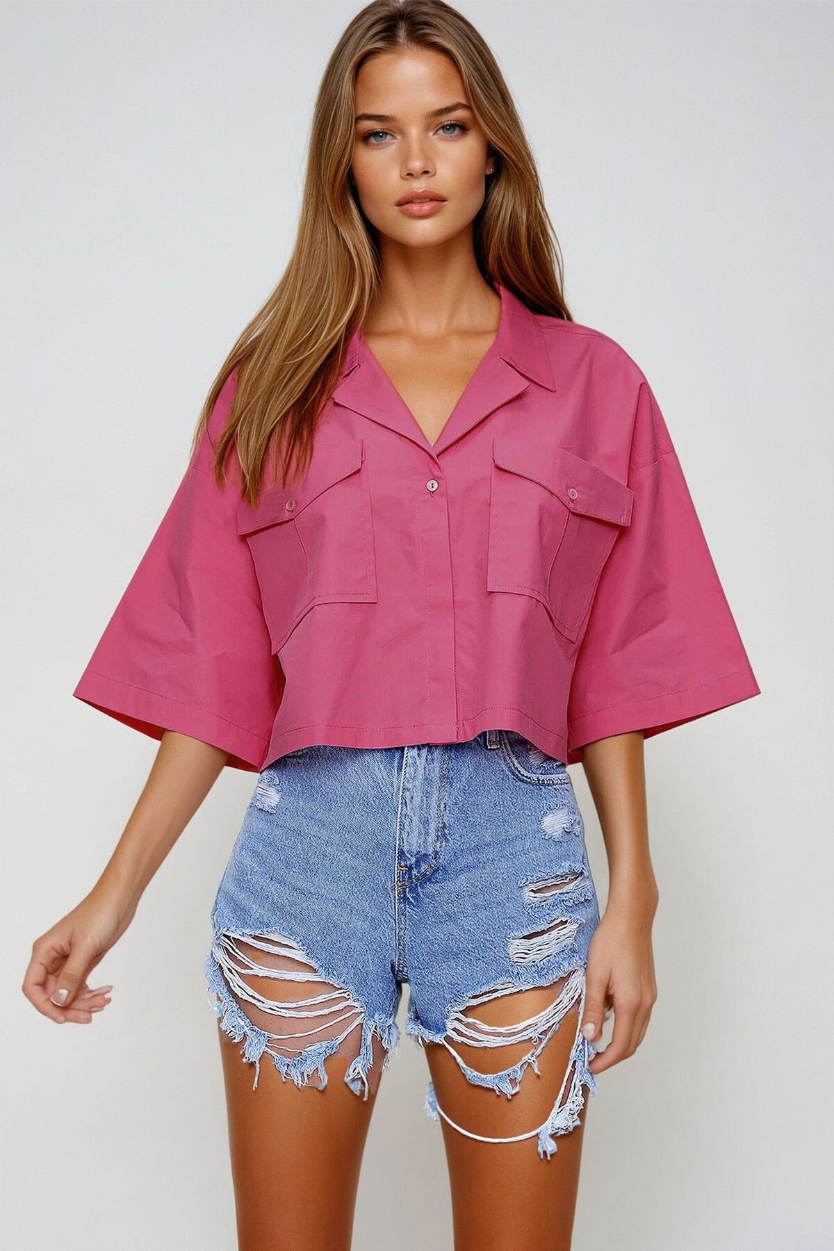 Fuşya Zarf Cepli Crop Poplin Gömlek