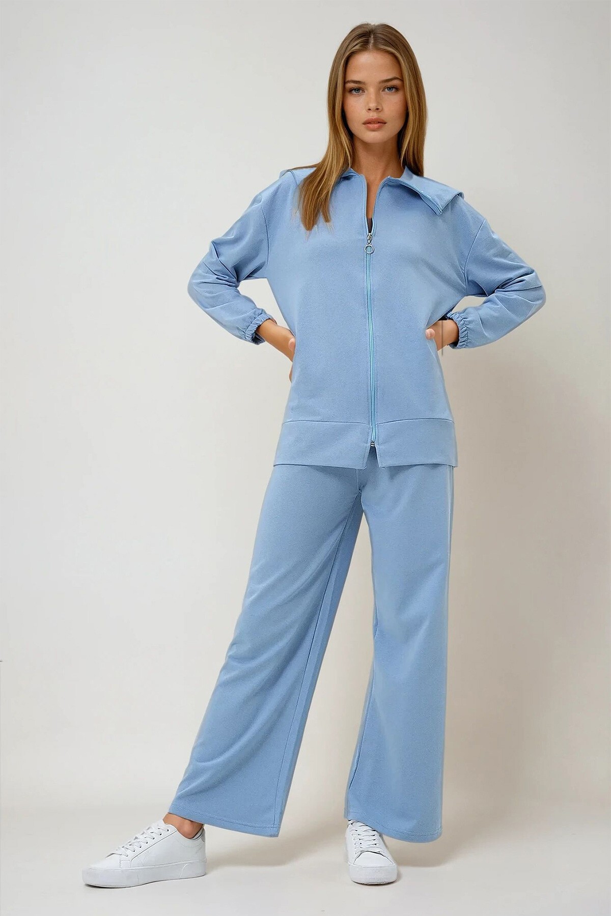 Gök Mavisi Denizci Yaka Fermuarlı Mevsimlik Tunik  Ve Pantolon İkili Takım