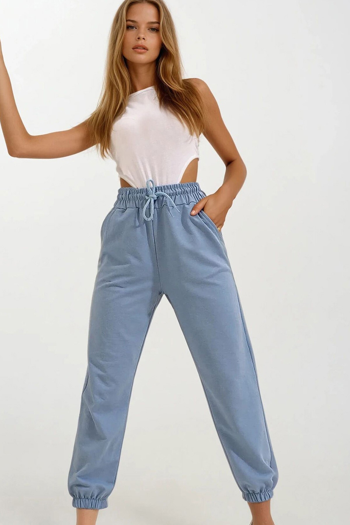 Gök Mavisi Paçası Lastikli İki İplik Eşofman Altı