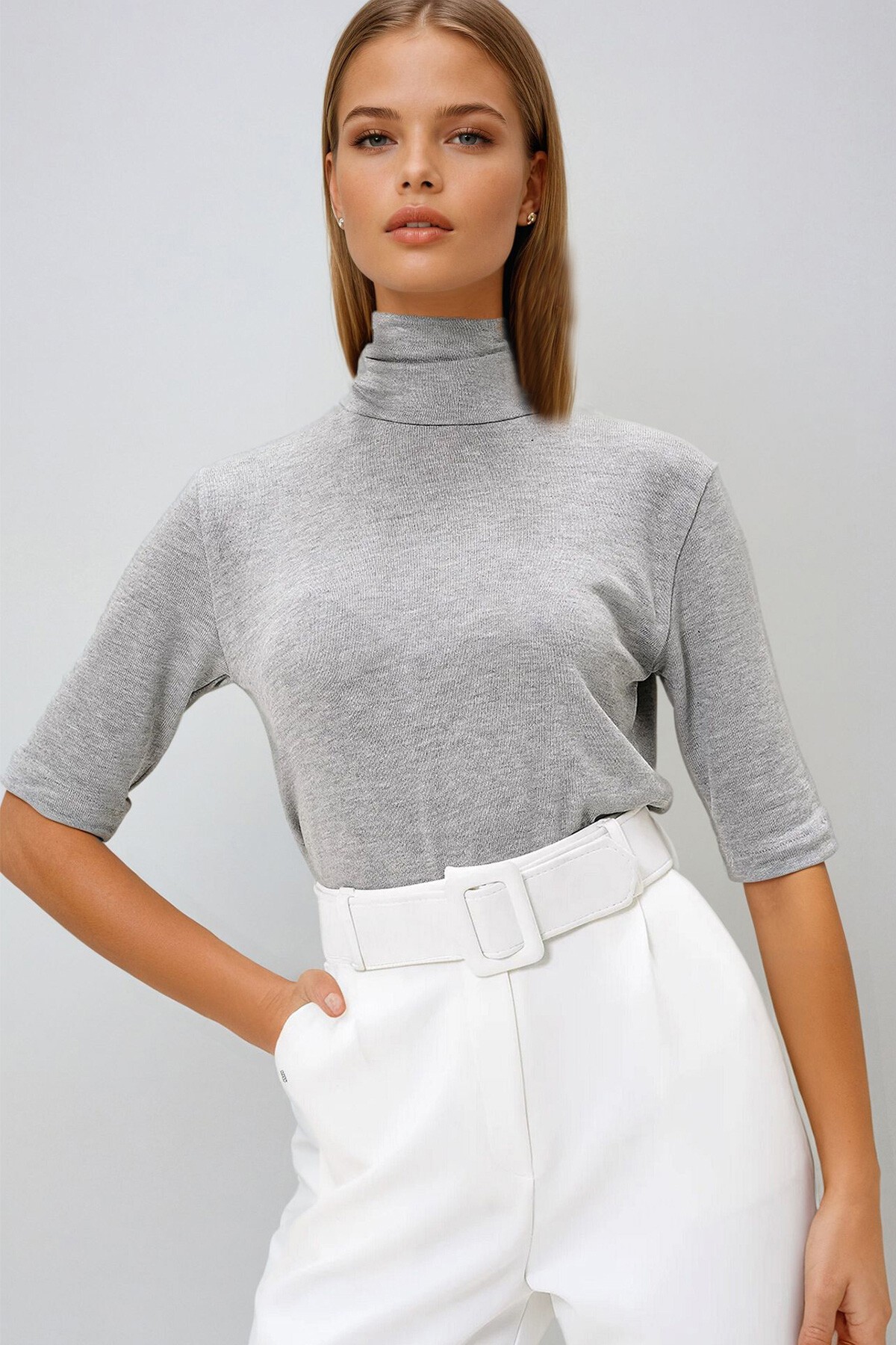 Gri Balıkçı Yaka Yarım Kol Triko Bluz
