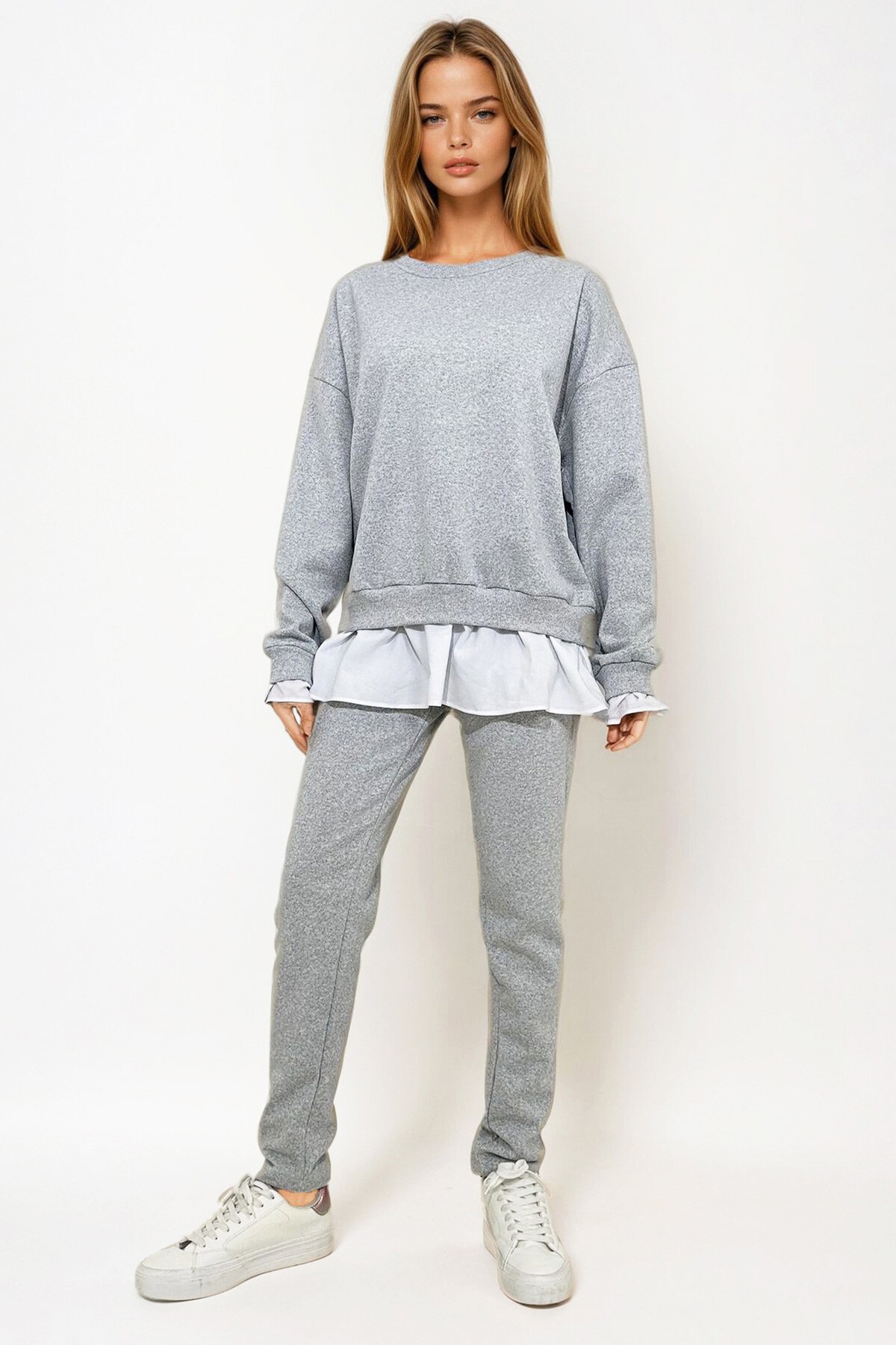 Gri Bisiklet Yaka Eteği Gömlek Detaylı 3 İplik İçi Şardonlu Eşofman Takım