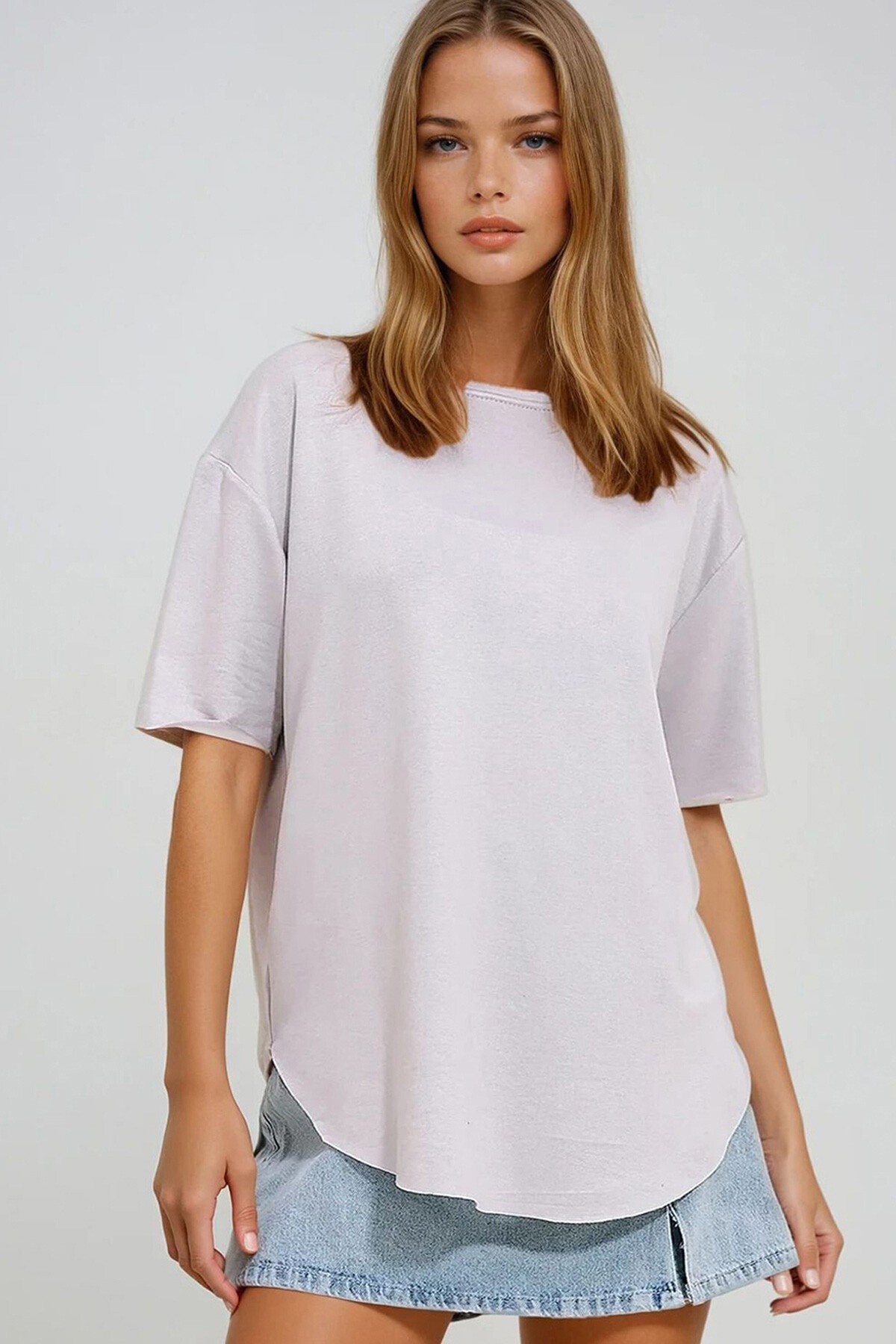 Gri Bisiklet Yaka Oval Kesim Modal T Shirt