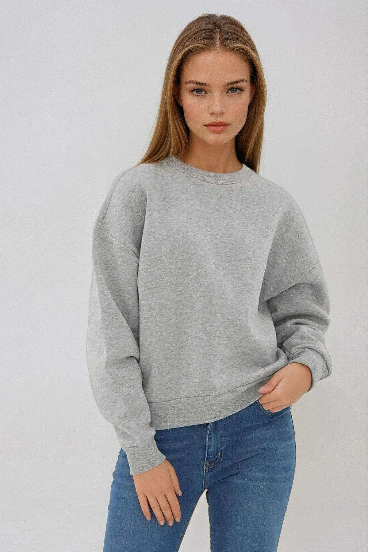 Gri Bisiklet Yaka Oversize Mevsimlik Basic Sweatshirt