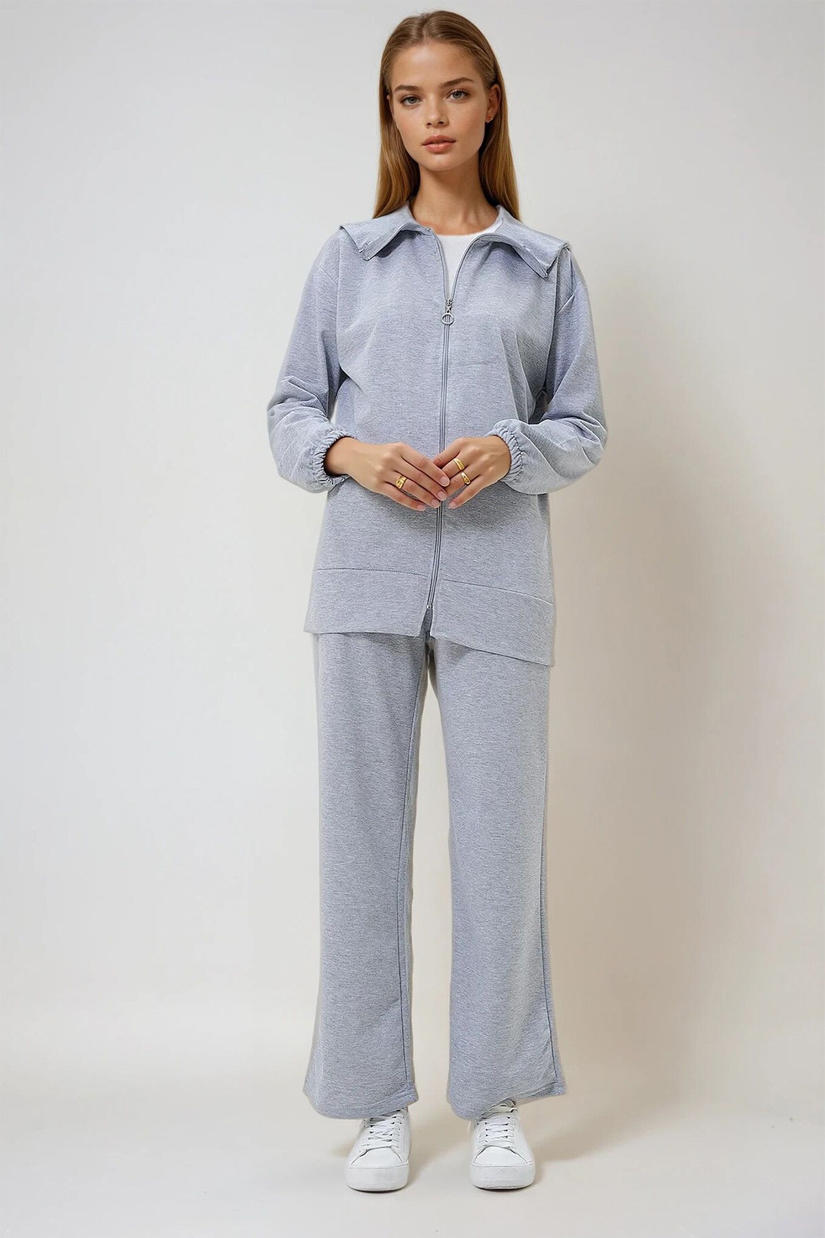 Gri Denizci Yaka Fermuarlı Mevsimlik Tunik  Ve Pantolon İkili Takım