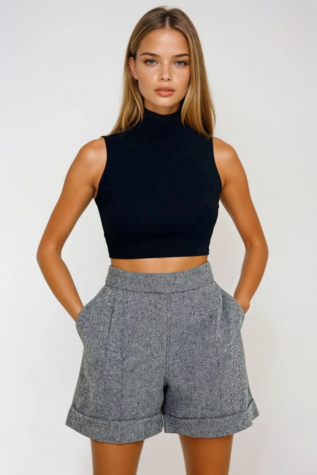 Gri Duble Paça Çift Cepli Kışlık Kaşe Şort