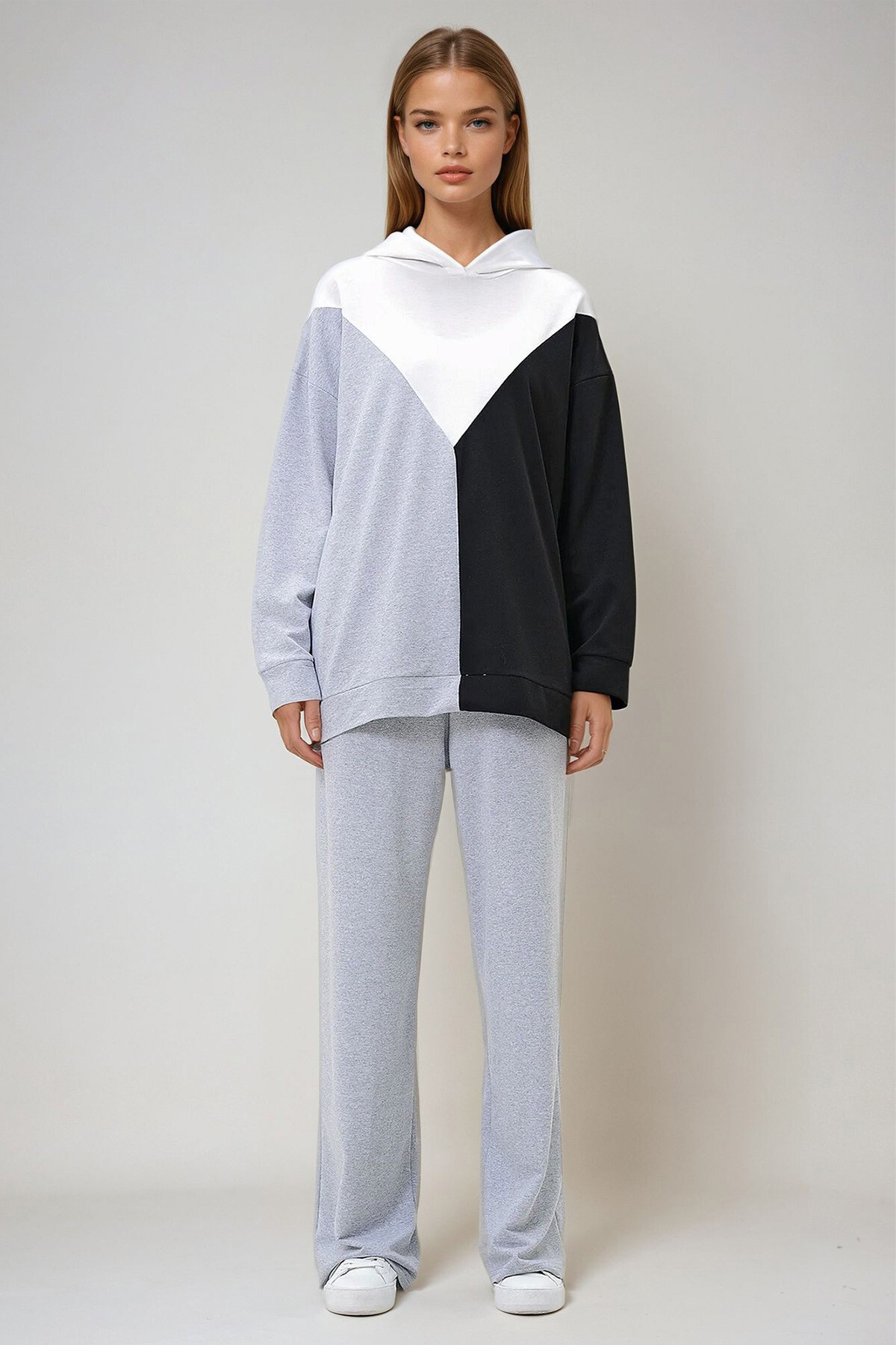Gri Kapüşonlu Renk Bloklu İki İplik Alt Üst Takım