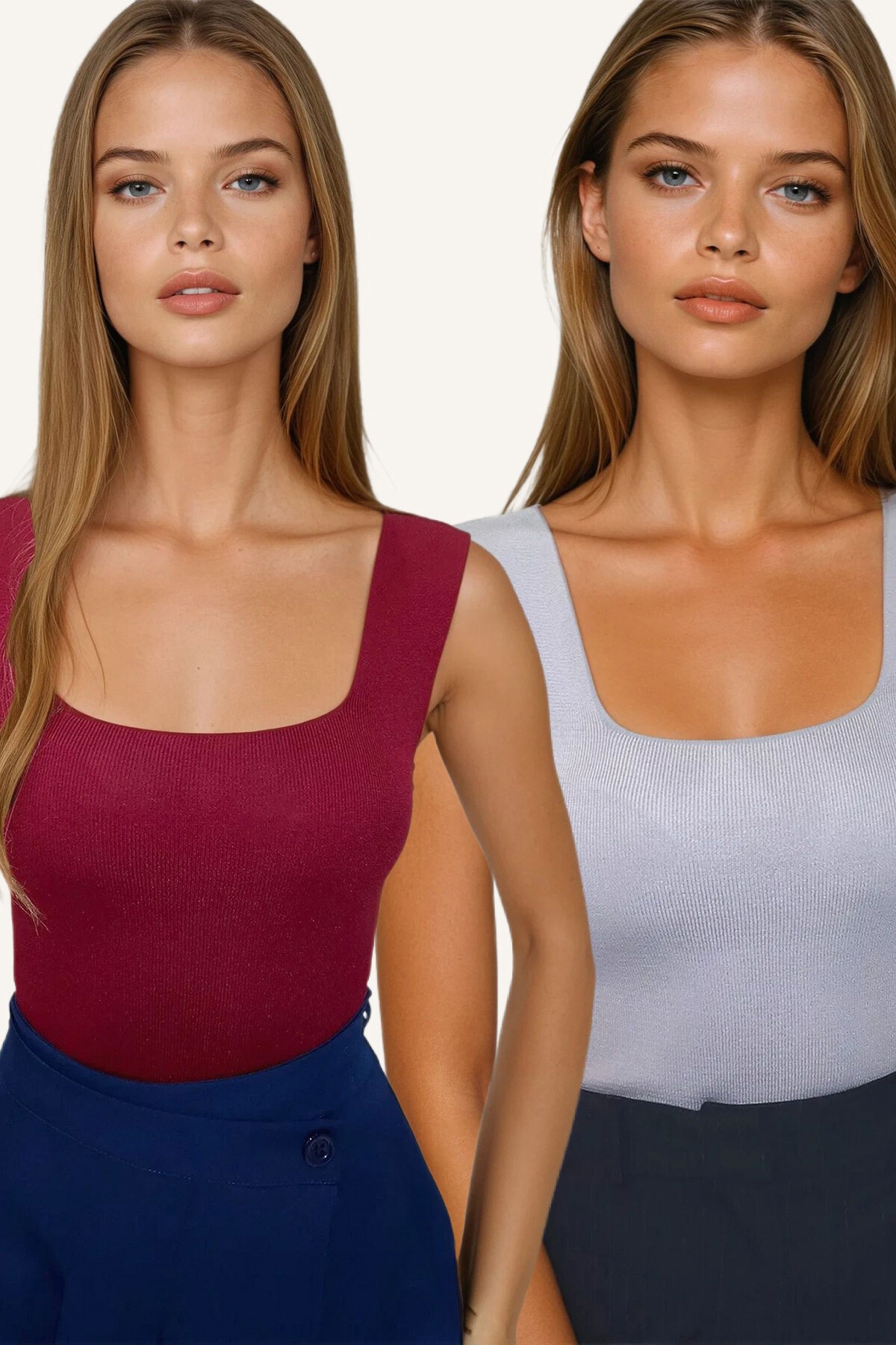 Gri   Mürdüm Kare Yaka Mevsimlik Merserize 2Li Triko Bluz