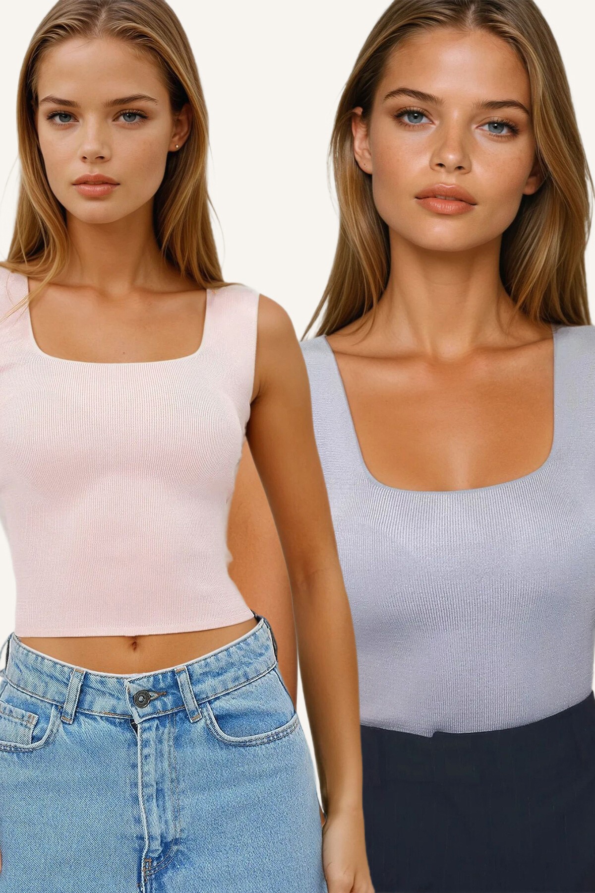 Gri   Pembe Kare Yaka Mevsimlik Merserize 2Li Triko Bluz