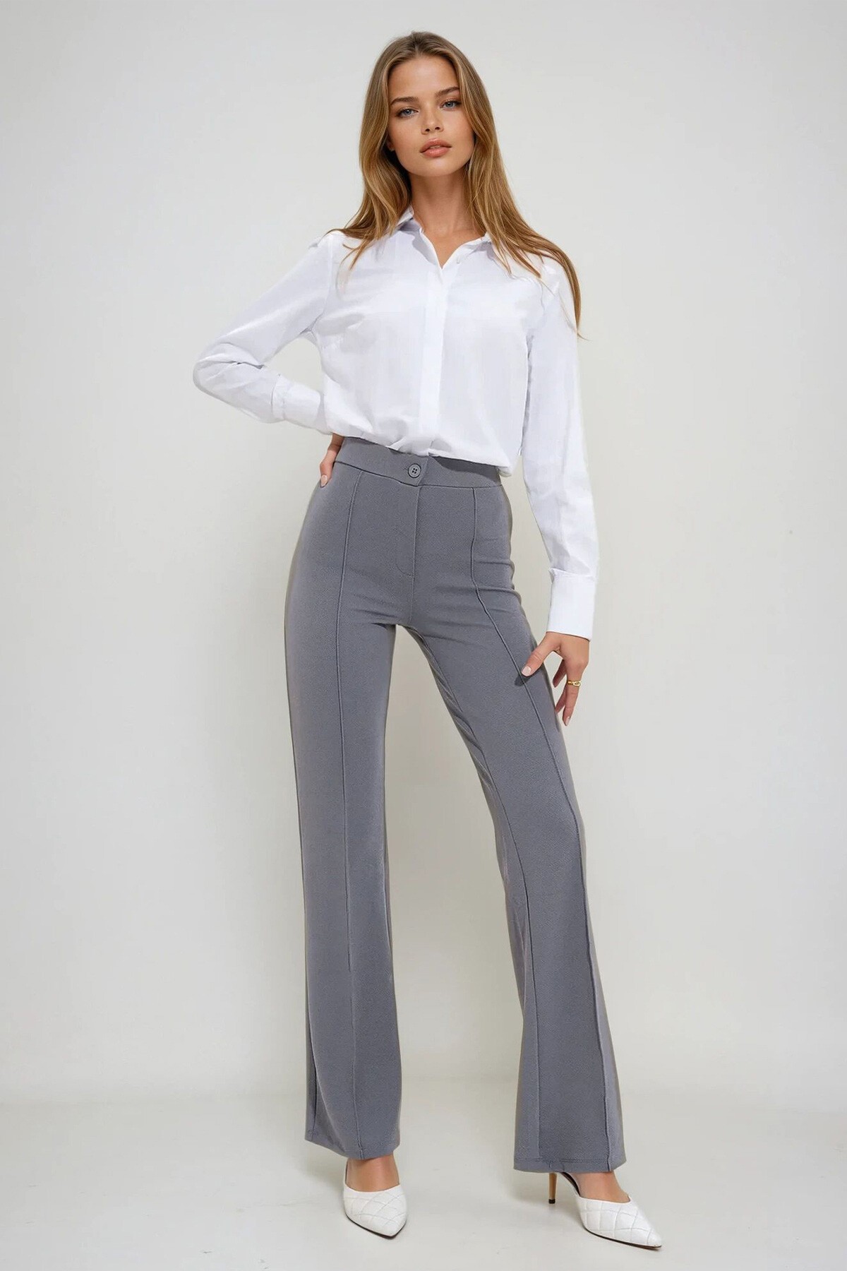 Gri Yüksek Bel Önü Çimalı Bol Paça Likralı Pantolon