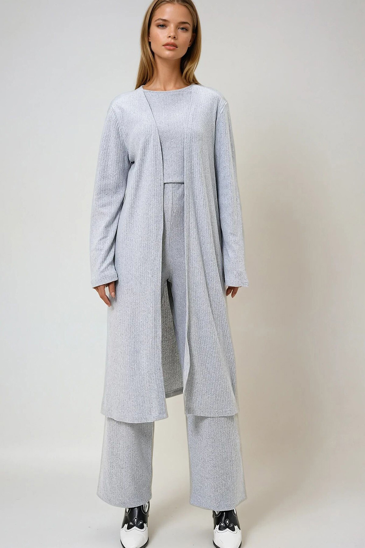 Grimelanj Omzu Vatkalı Bisiklet Yaka Bluz Pantolon Ve Hırkalı Set Takım