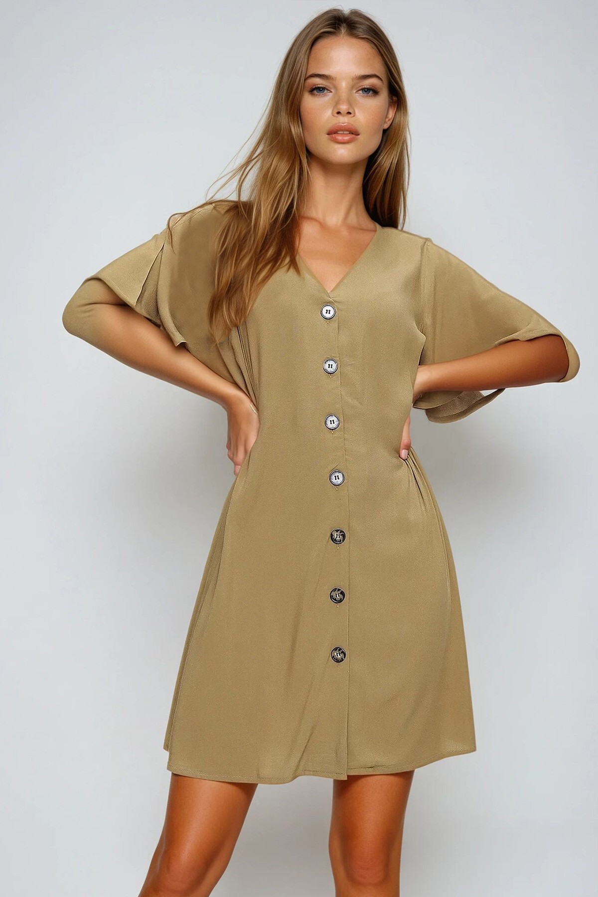 Haki Beli Büzgülü V Yaka Dokuma Elbise